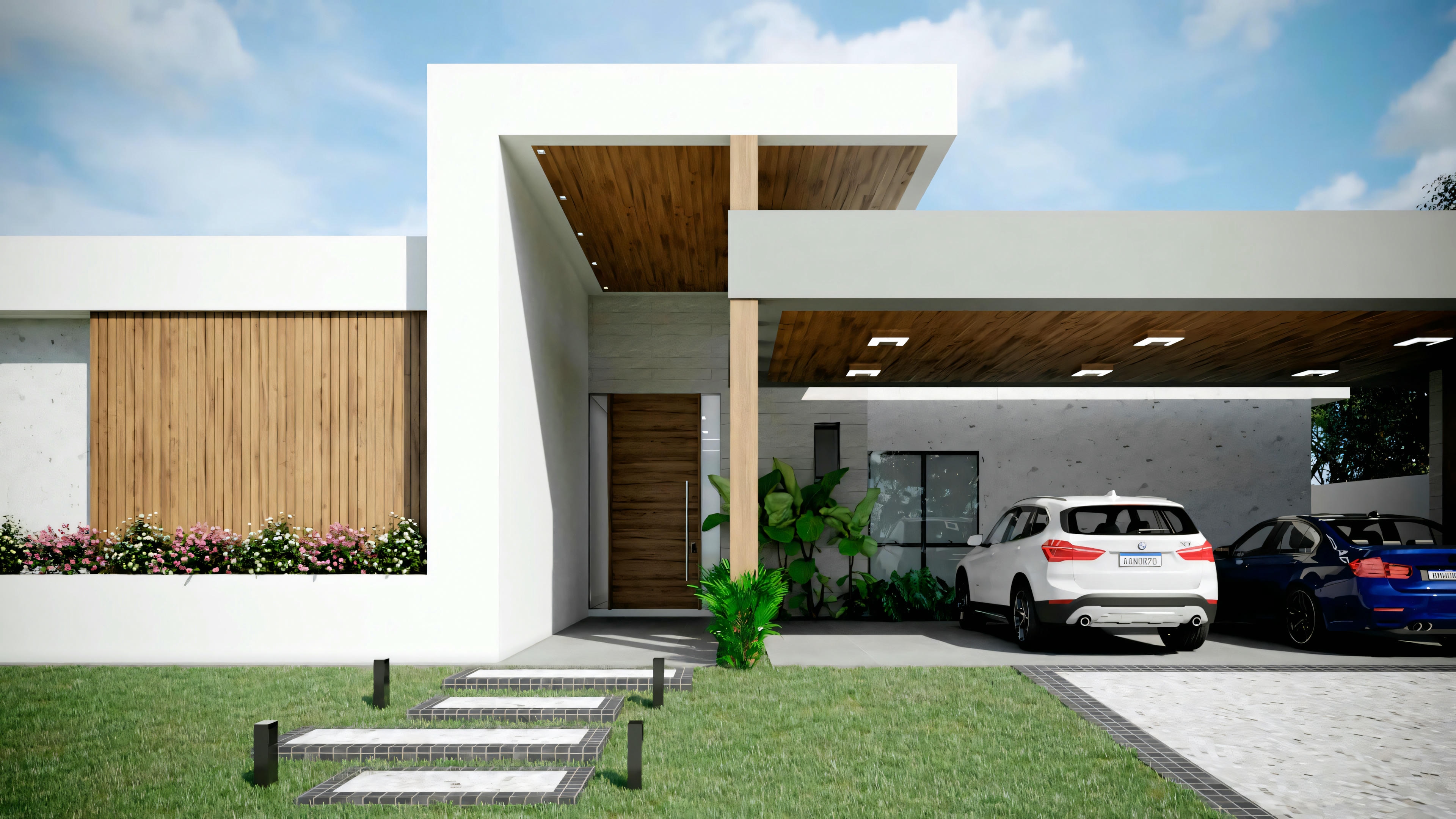 Una casa contemporánea con techo plano y grandes ventanas.