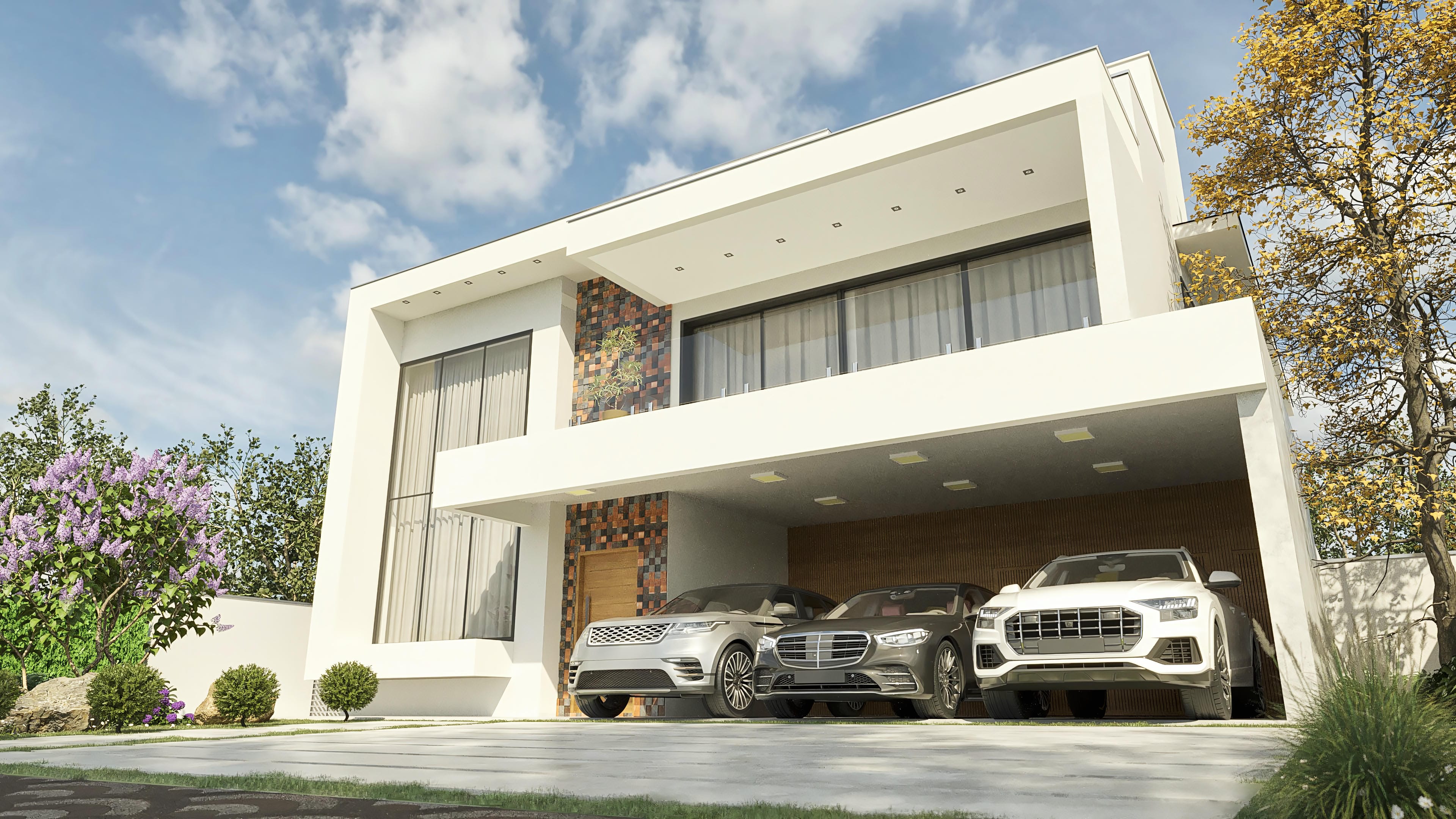 Fachada moderna de casa de dos pisos con 4 suites, oficina, bodega, amplios ventanales, textura de madera, porcelanato, acabado en blanco y detalles en grafito.