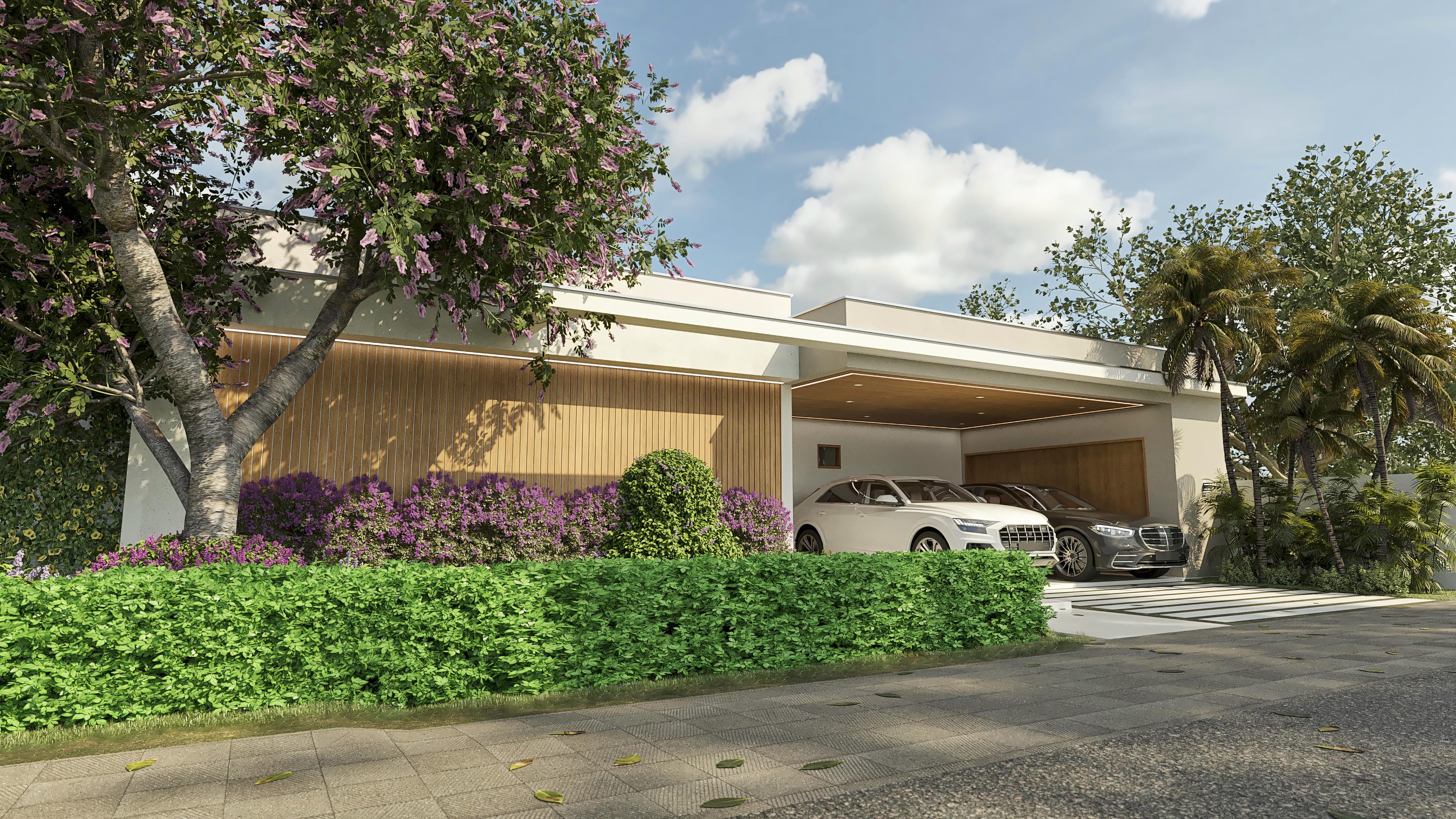 Fachada moderna de casa de una planta con revestimiento amaderado, amplias ventanas, jardín con arbustos y flores moradas, y área de garaje techada.