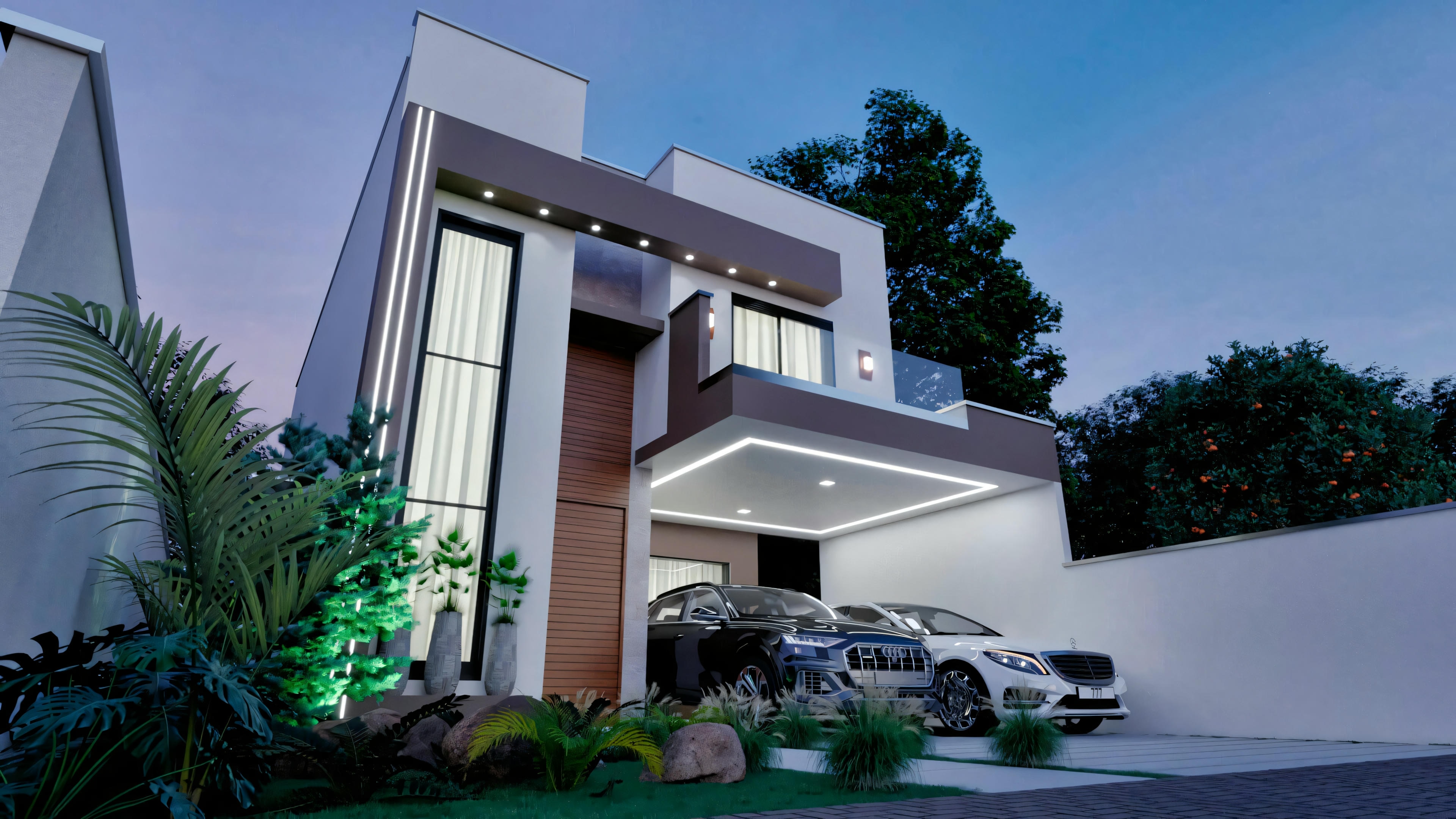 Perspectiva nocturna de la casa de dos pisos moderna en terreno 10x25, exhibiendo la fachada iluminada, garaje para 2 coches y paisajismo. Proyecto de 194.7m² con 3 suites.