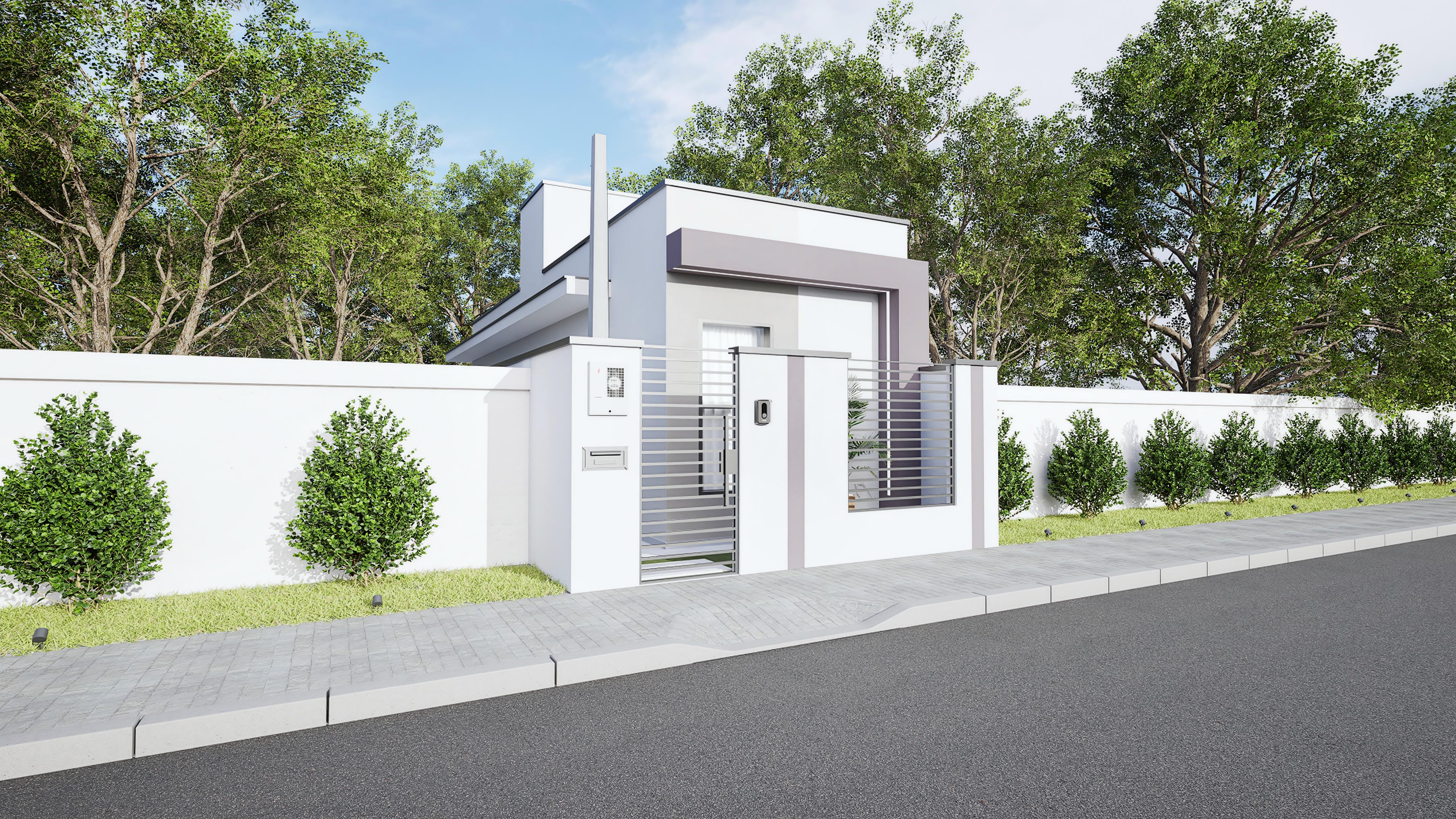 Fachada moderna de casa de una planta con dos dormitorios, sala y cocina integradas, y lavandería externa, en terreno de 5x17m. Diseño optimizado y funcional.