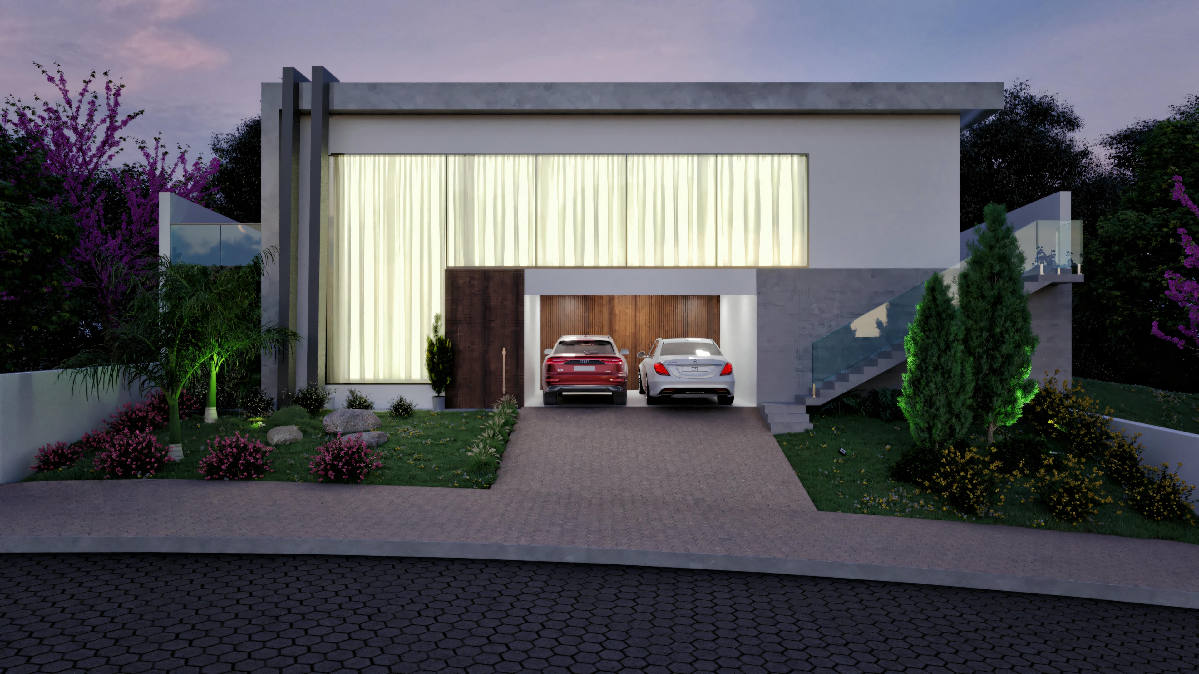 Fachada iluminada à noite de casa contemporânea com 3 suítes, piscina e área gourmet. A residência de 335.08m² exibe um design moderno com garagem para dois carros, escritório e grandes janelas que valorizam a iluminação do projeto arquitetônico. Casa com piscina e área gourmet ideal para quem busca sofisticação.