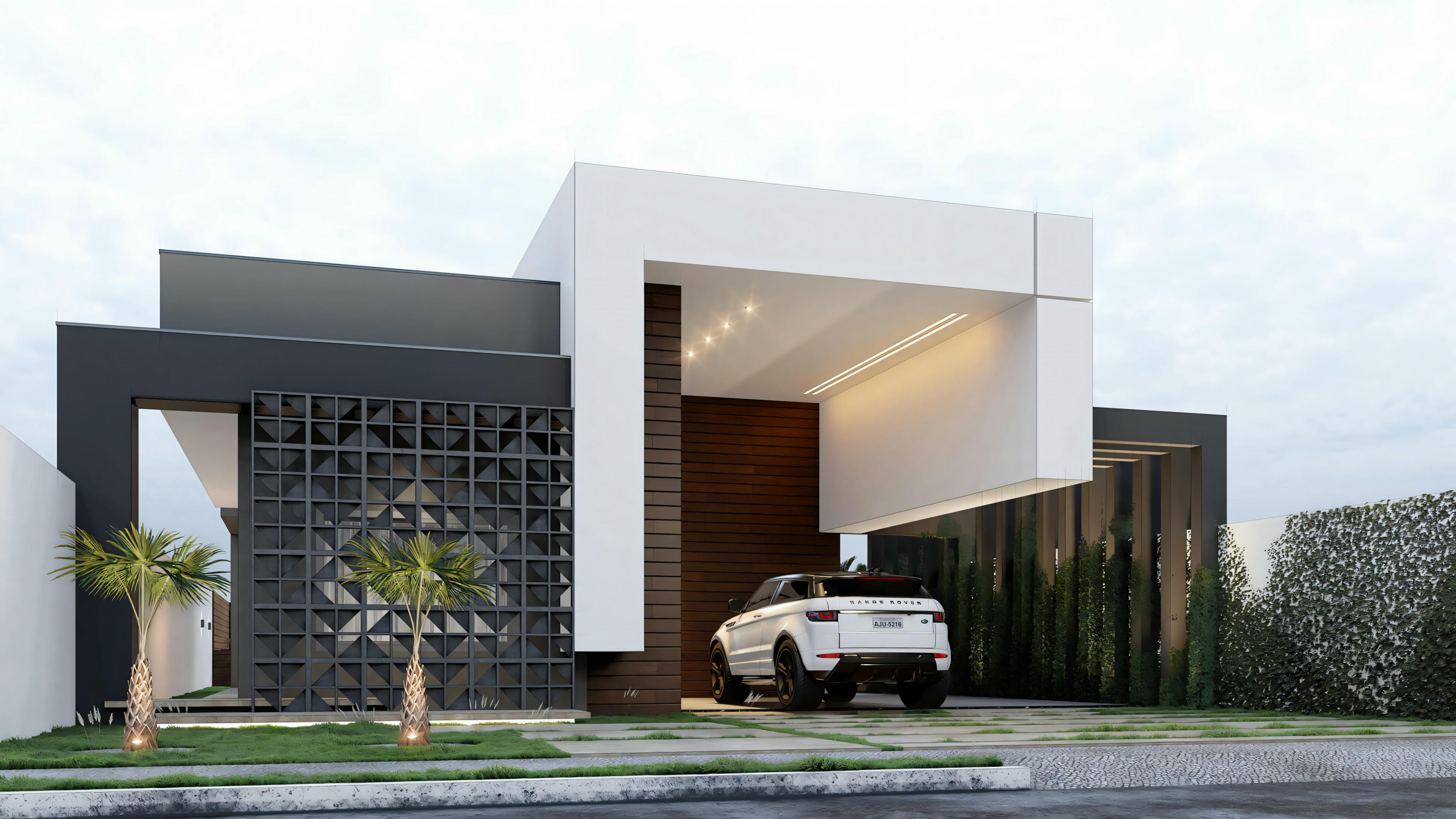 Casa moderna com características geométricas, grandes janelas e carport com carro branco estacionado.