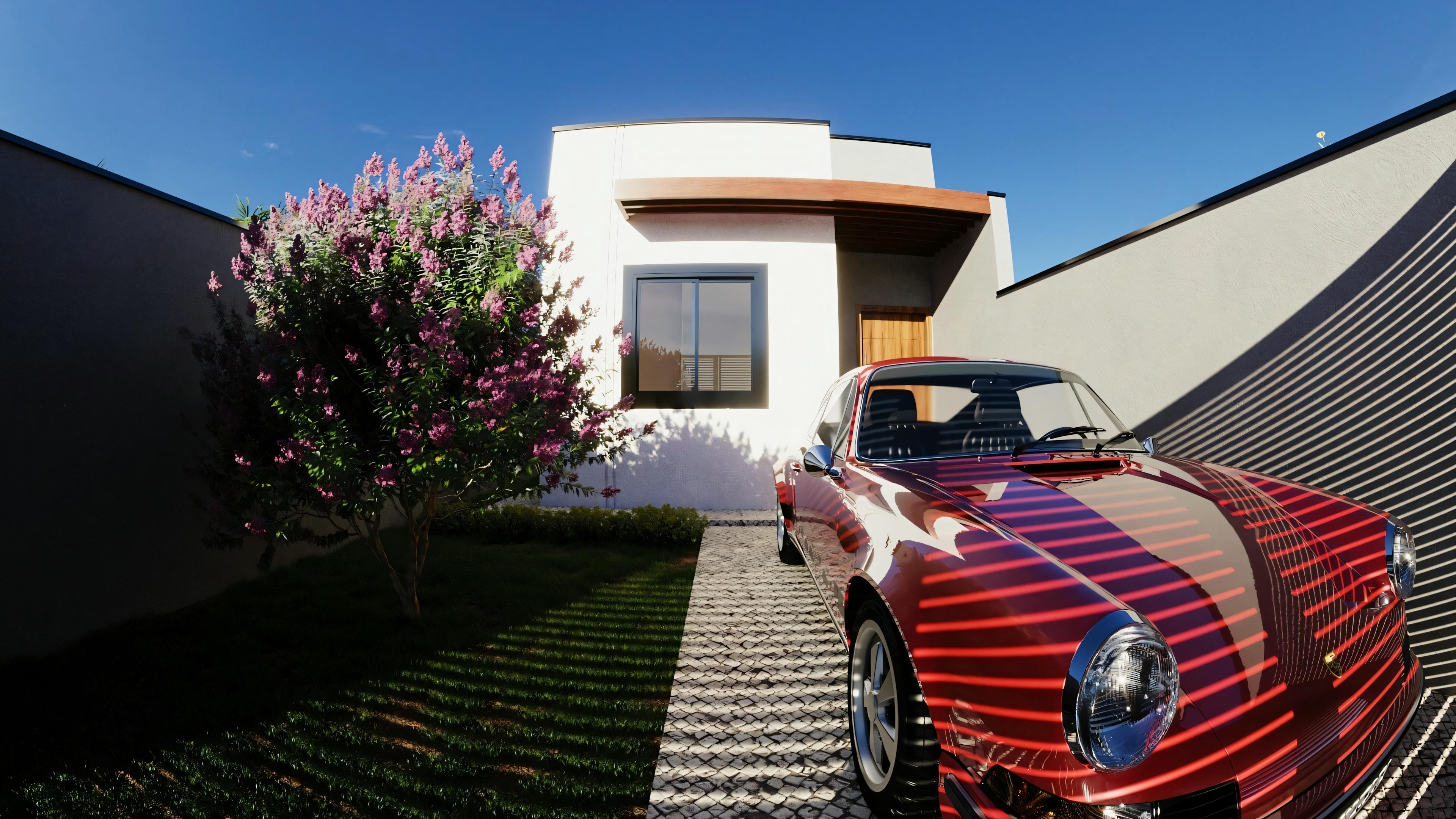 Casa moderna con un coche estacionado en la entrada, destacando la escala y la habitabilidad del lugar.