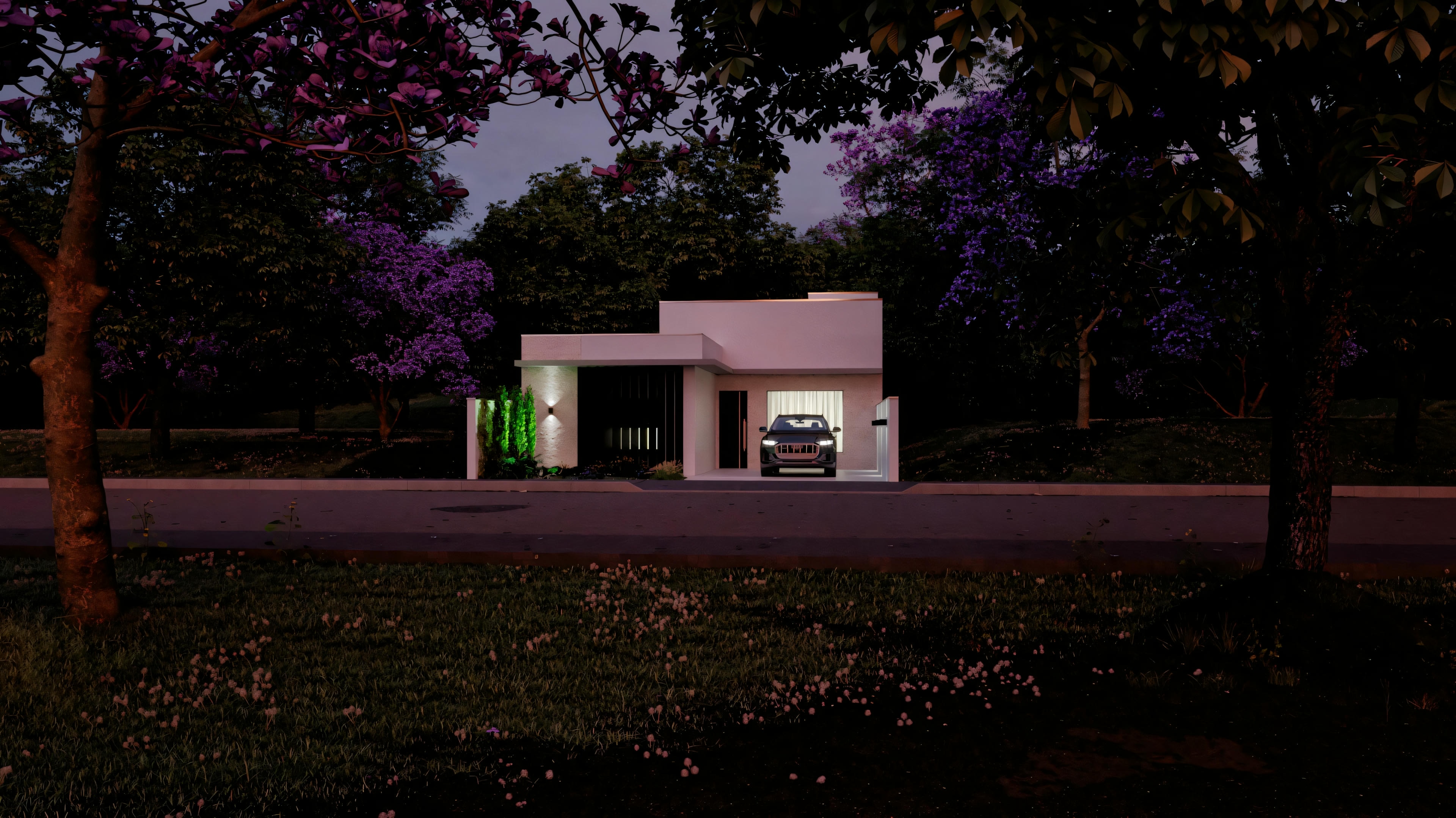 Casa moderna con coche estacionado, capturada por la noche.