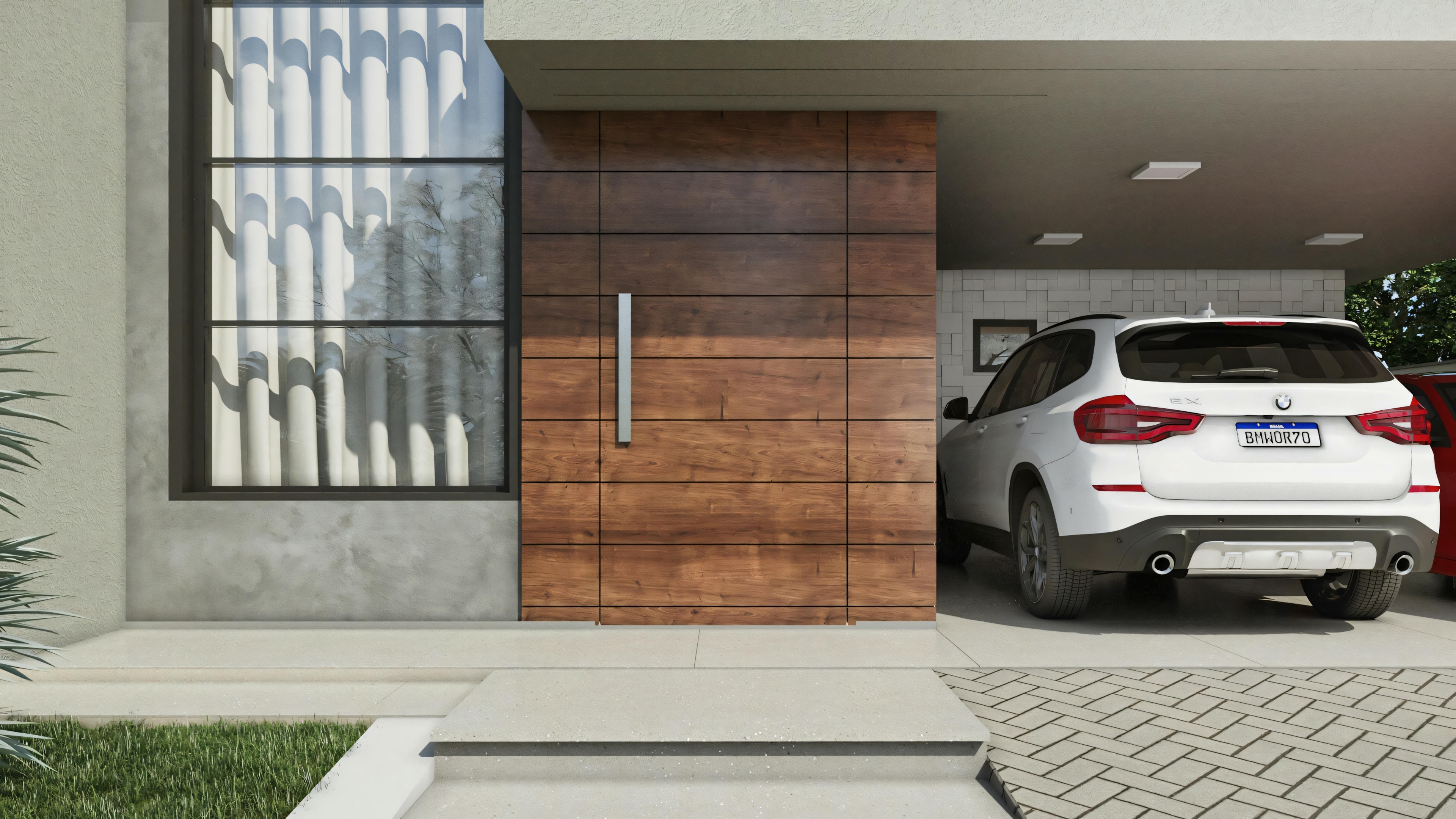 Casa moderna con fachada contemporánea, incluyendo ventanas amplias y garaje.