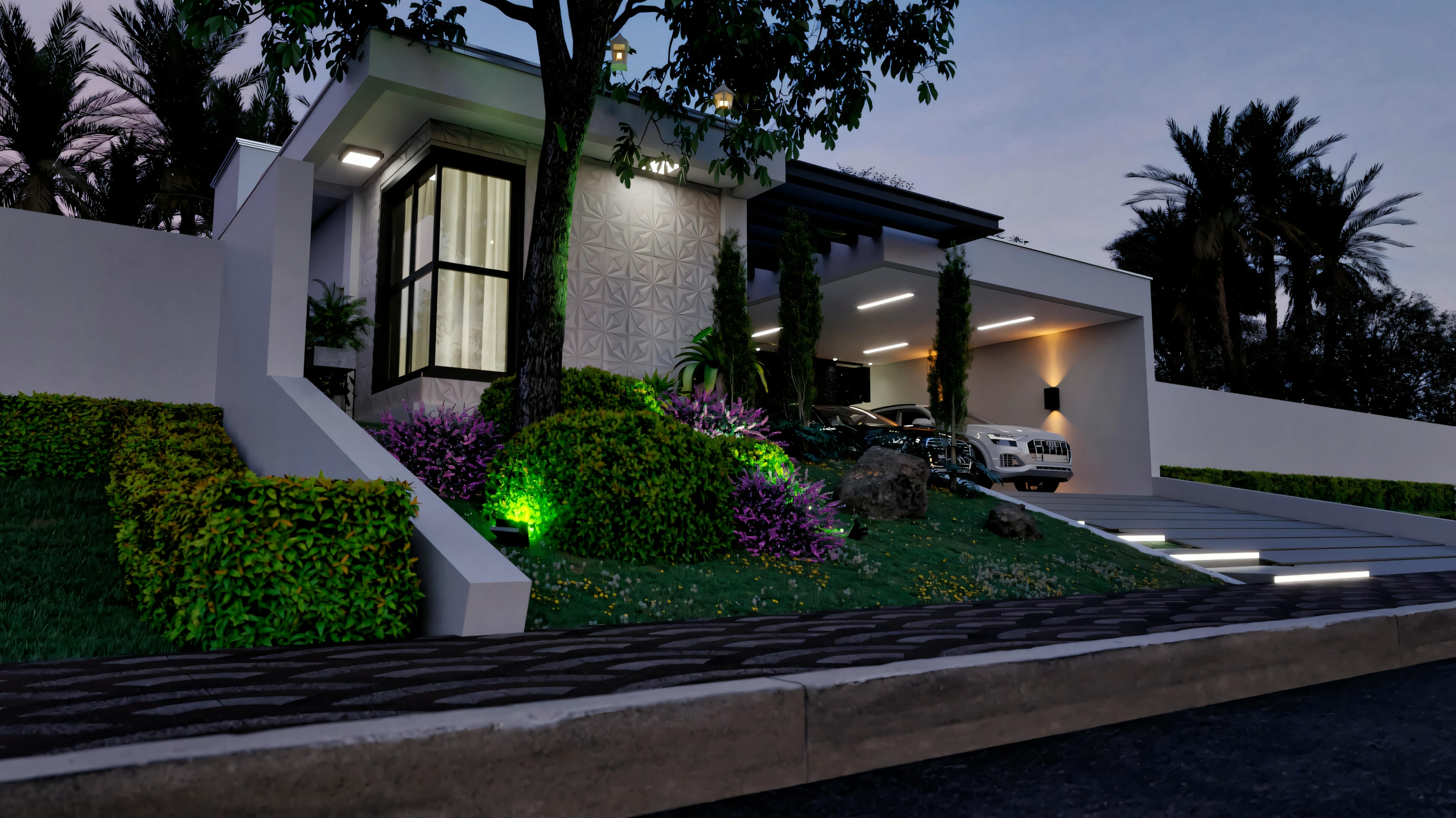 Una casa moderna al atardecer con luces interiores encendidas, destacando una gran puerta de garaje y un área de entrada bien iluminada.
