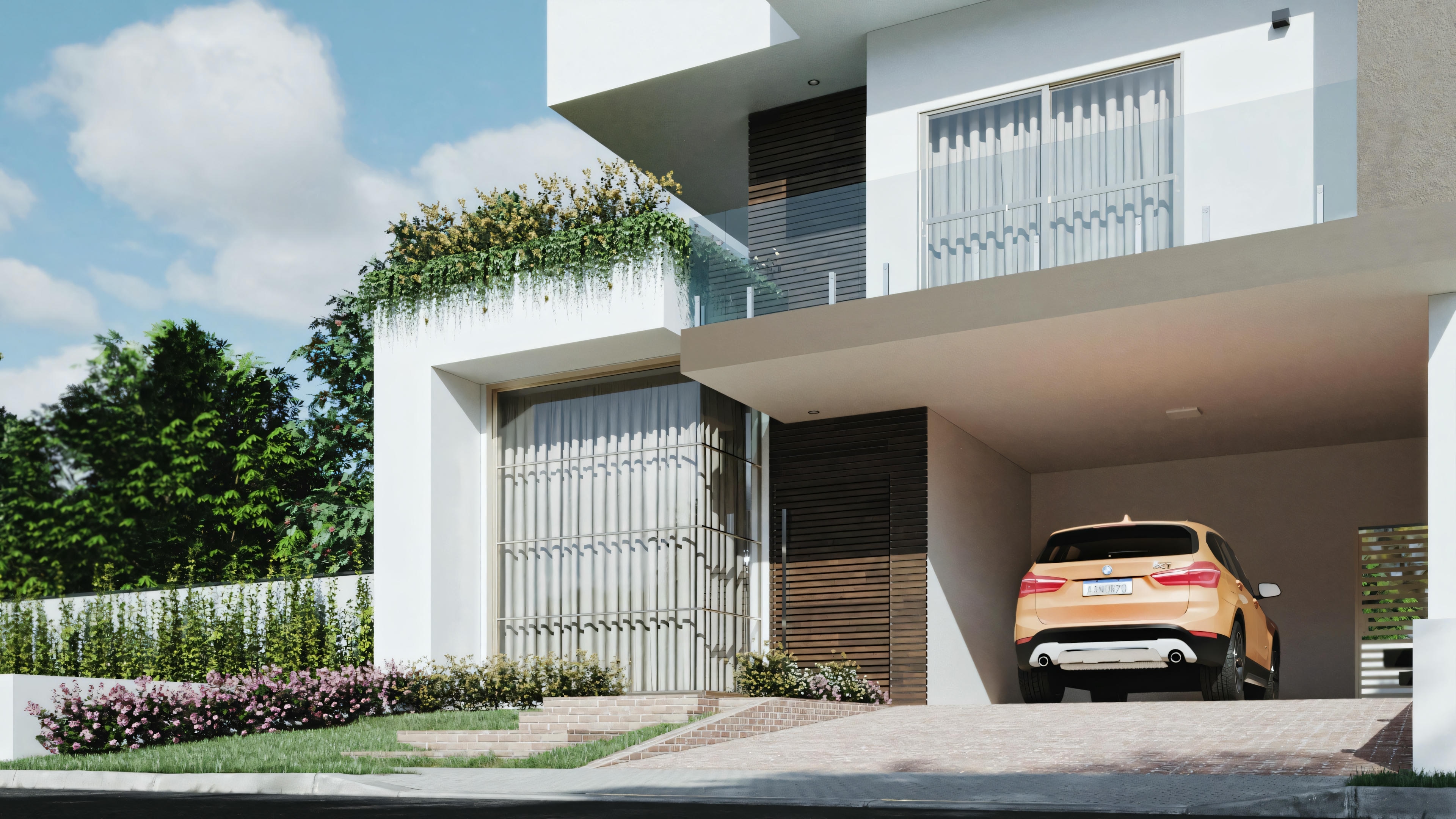 Otra vista de la misma casa moderna de dos pisos con techo plano, grandes ventanales y un coche naranja estacionado en la entrada. La casa tiene exterior blanco con detalles en gris y está rodeada de vegetación.