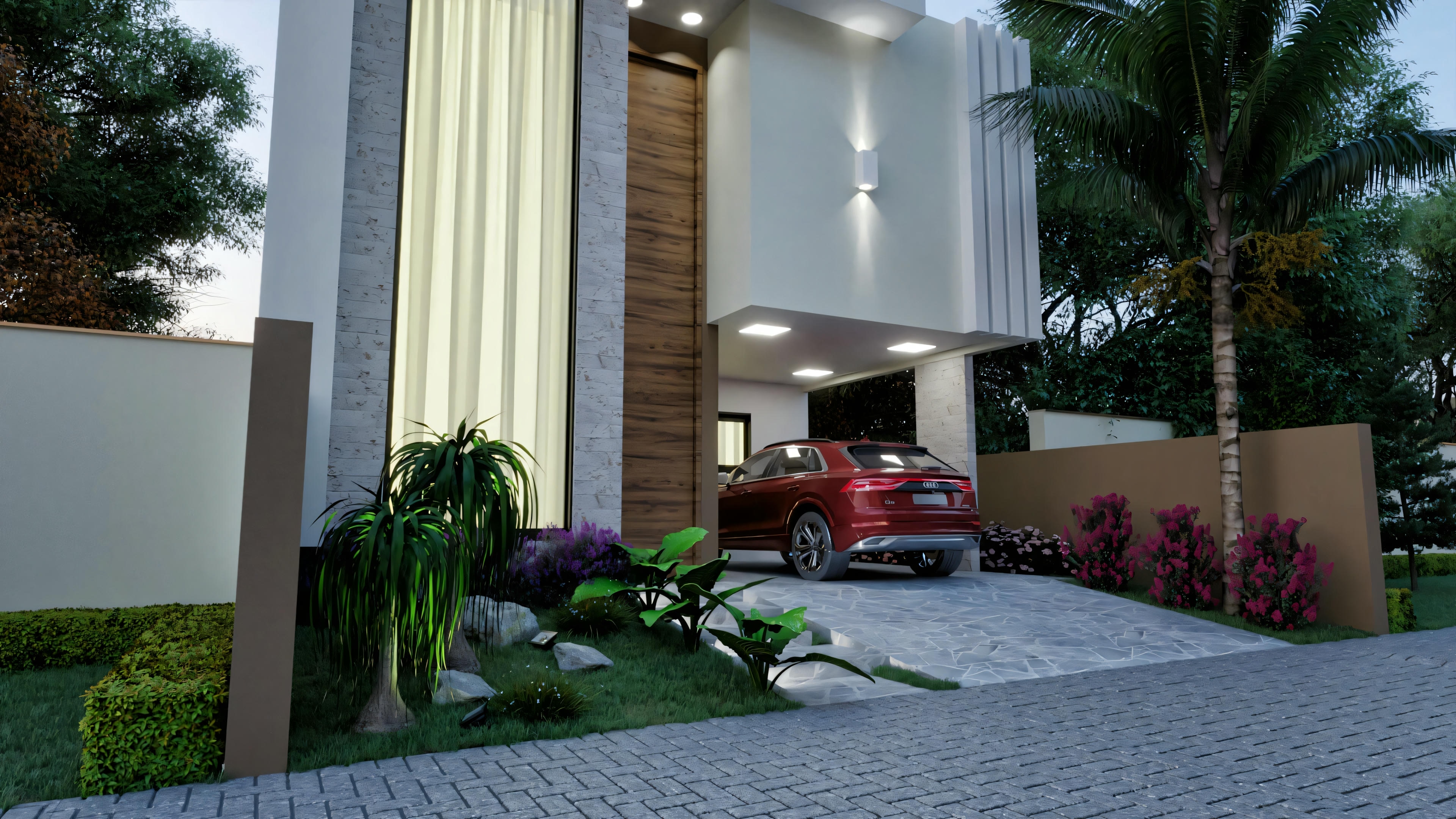 Una casa moderna con exterior blanco, grandes ventanales y jardín paisajístico con camino hacia la entrada.
