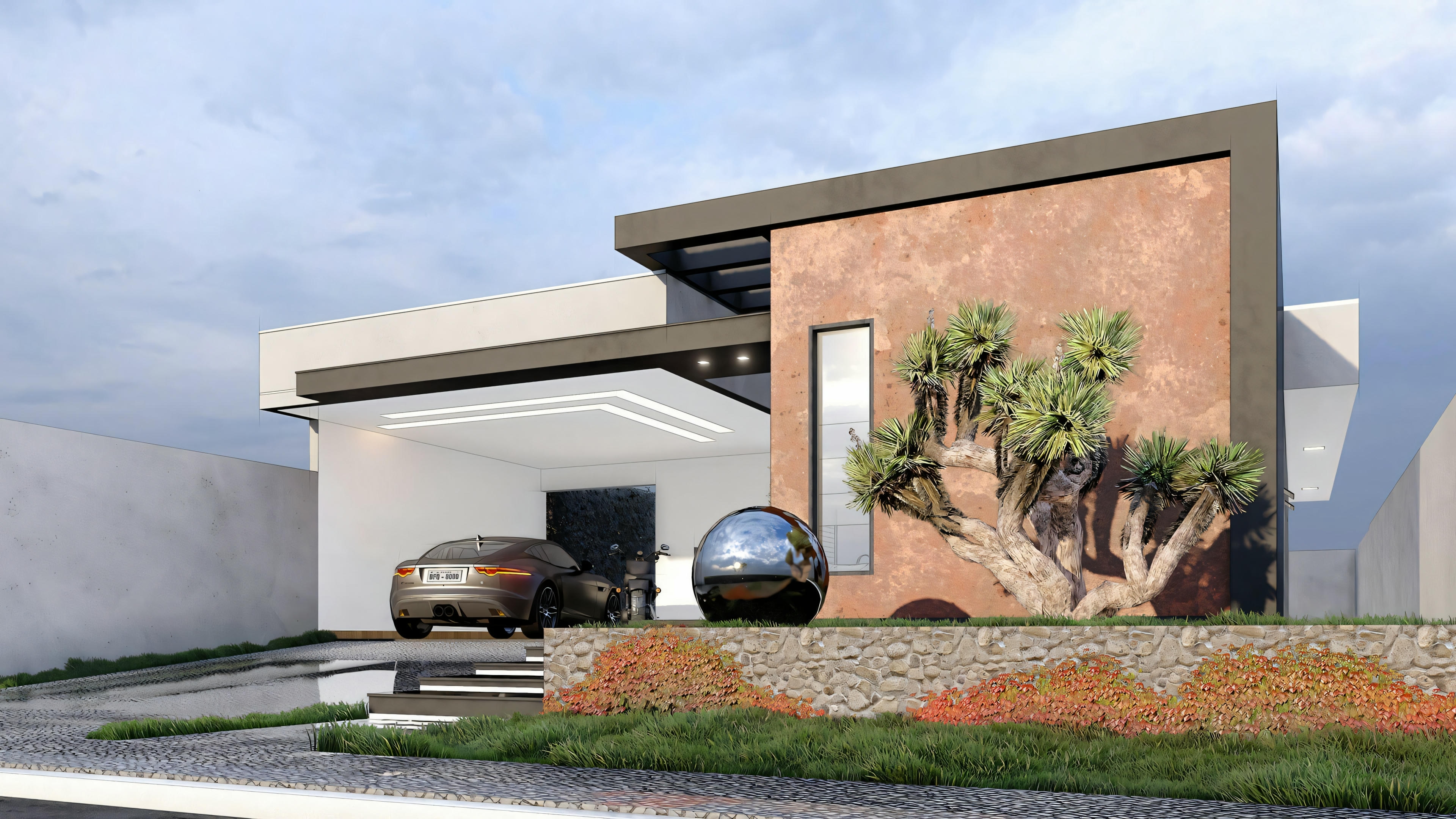 Una casa moderna con techo plano, grandes ventanas y una combinación de paredes exteriores blancas y gris oscuro, complementadas por detalles en madera y paisajismo verde.