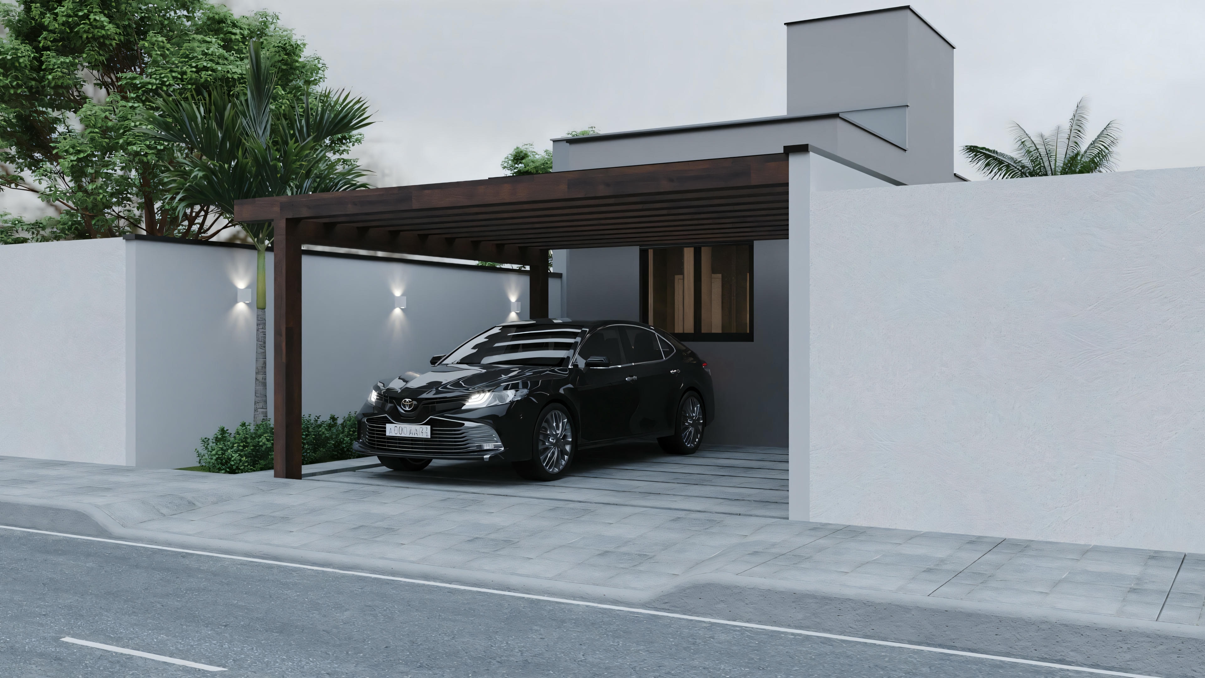 Una casa moderna con techo plano y un coche estacionado sob a extensão do telhado.