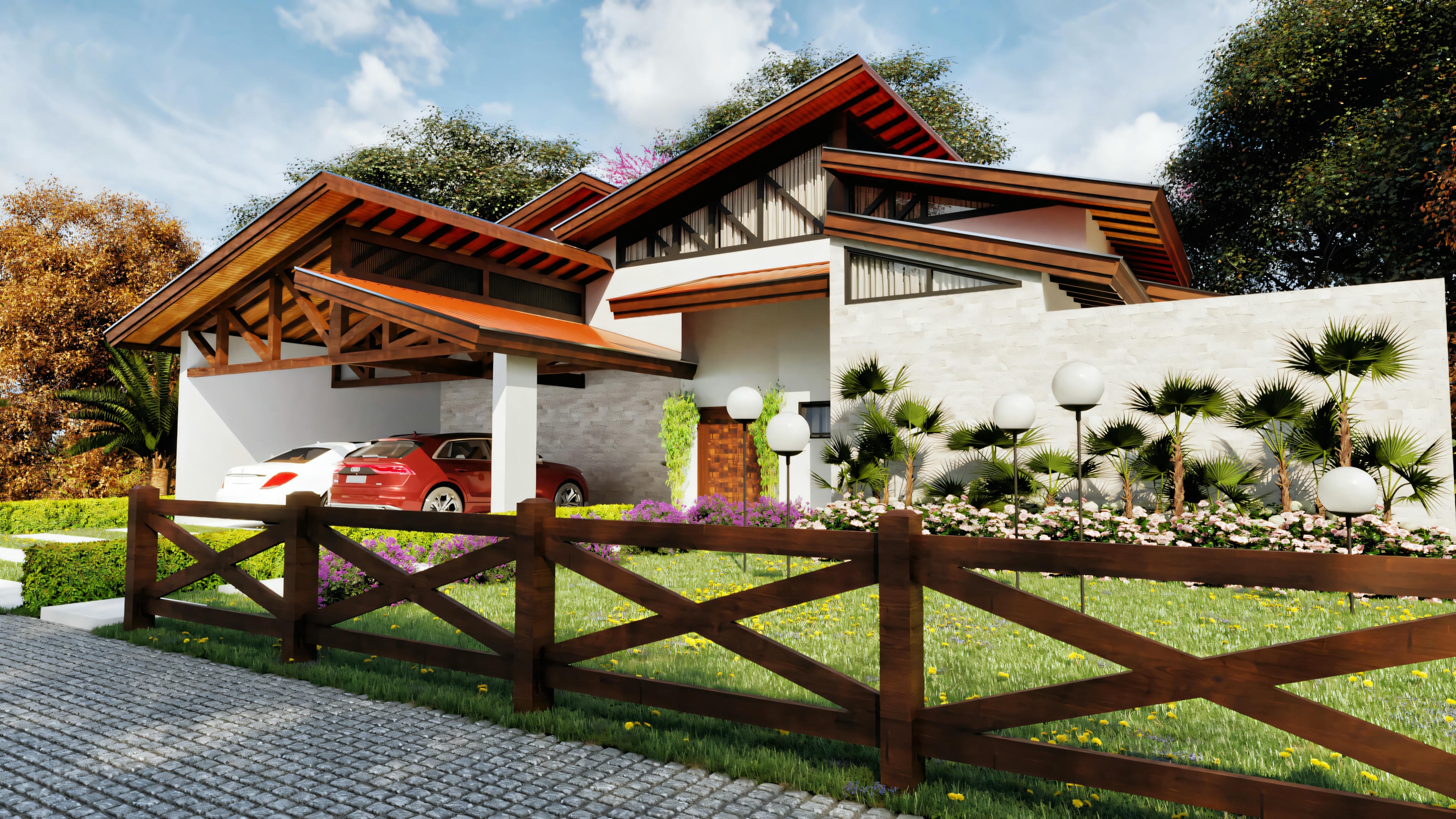 Edifício residencial com telhado vermelho proeminente e vários níveis, grandes janelas e beiral saliente.