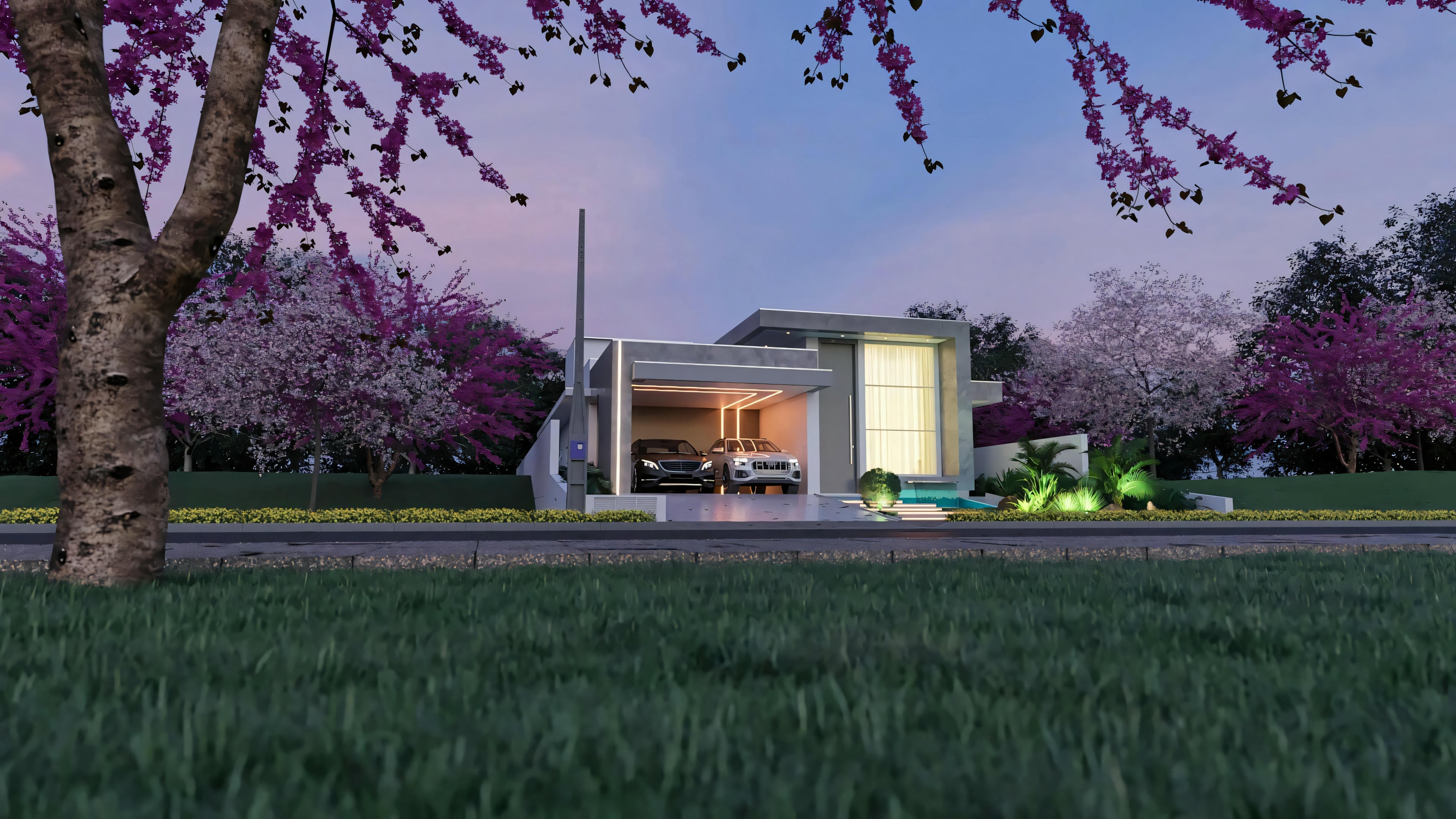 Vista noturna iluminada de casa moderna térrea com 3 quartos e garagem dupla, observada através de gramado e árvores floridas. Projeto com 203.67m² e iluminação de destaque.
