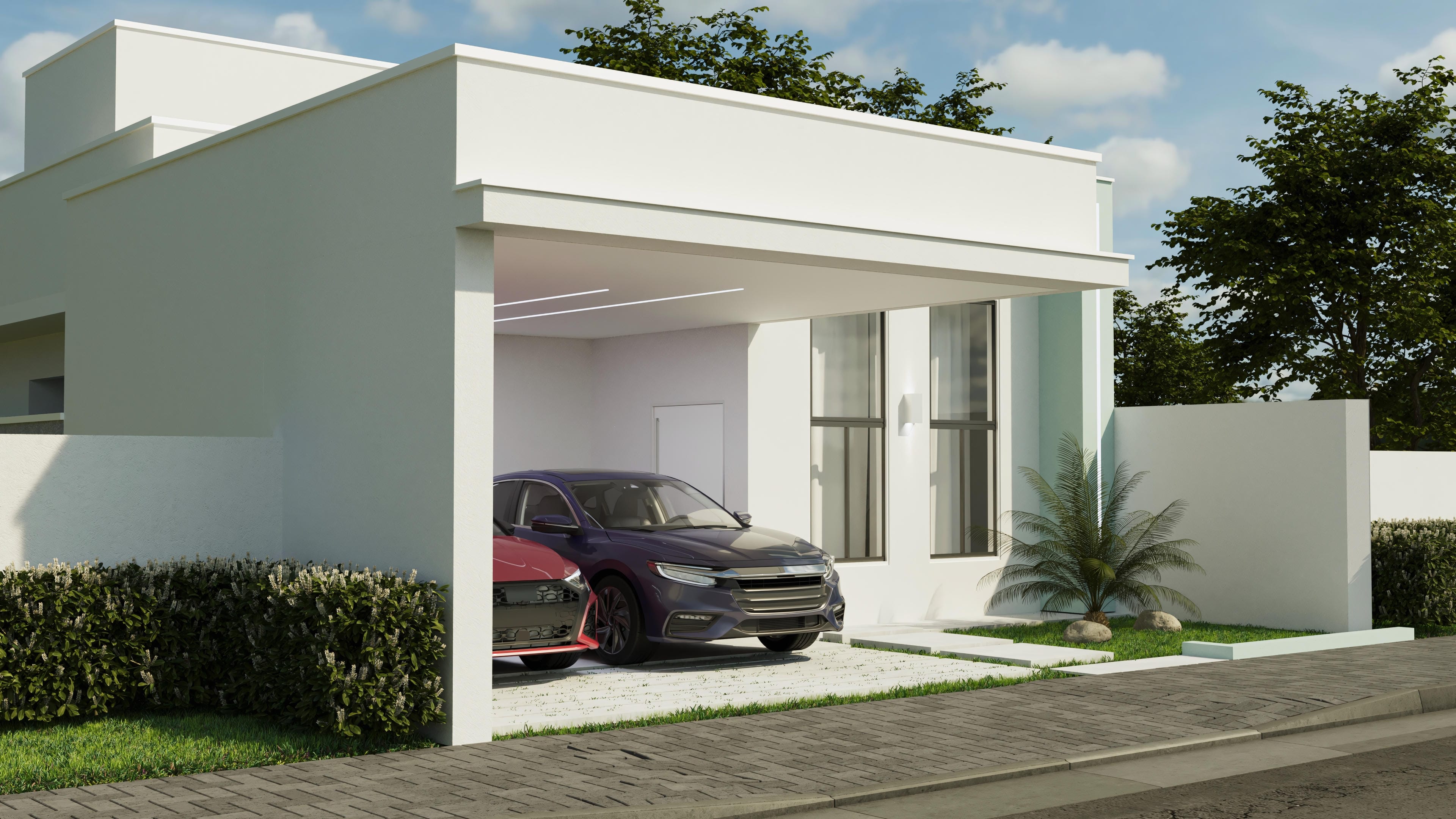 Fachada moderna de casa térrea com garagem coberta, amplas janelas e detalhes em concreto aparente. Área externa com paisagismo e caminho de pedras interligando os ambientes.