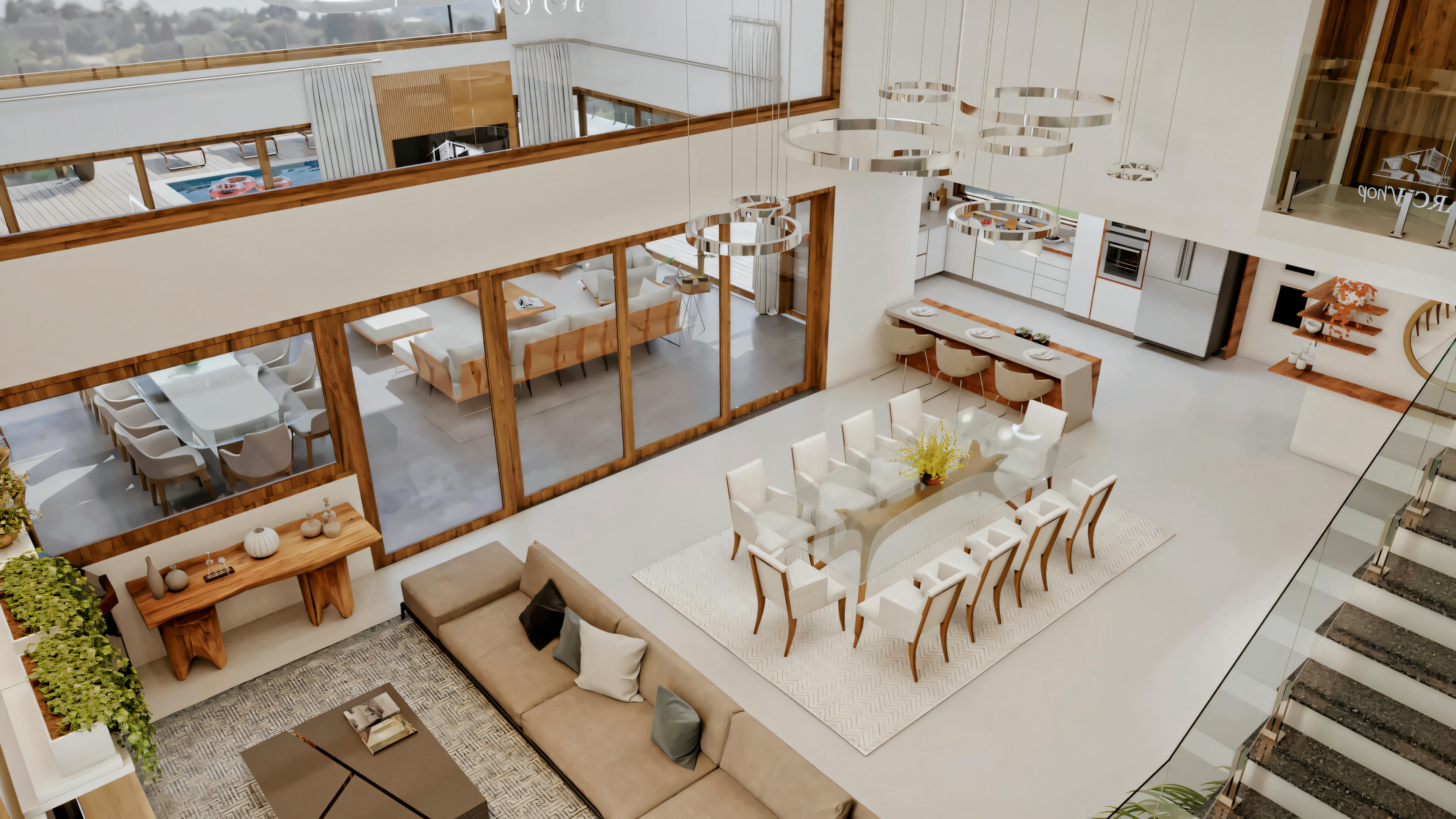 Una cocina con estantes de madera, isla con taburetes altos y mucha luz natural.