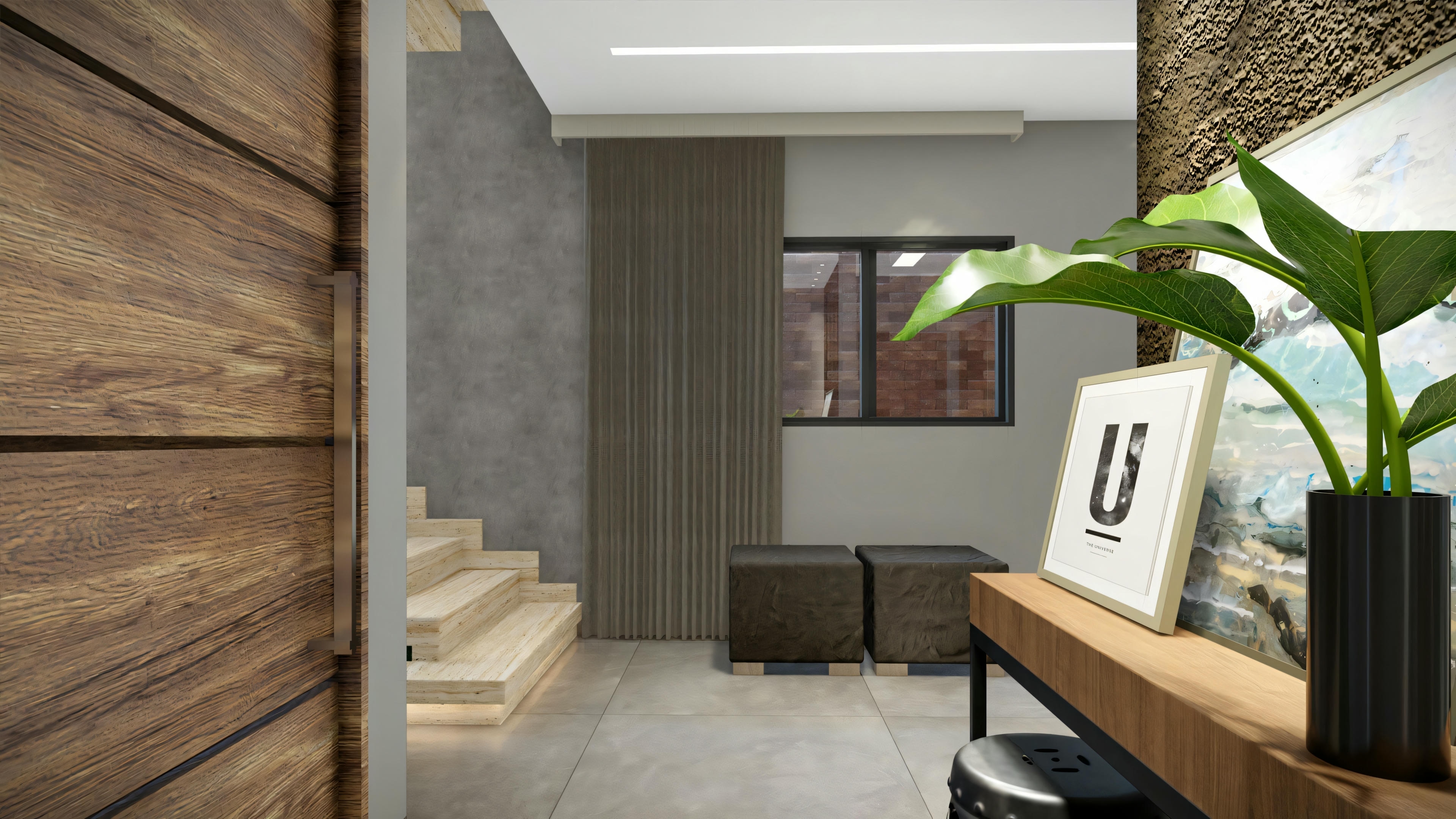 Entrada de una casa con mesa de consola de madera, espejo y objetos decorativos.