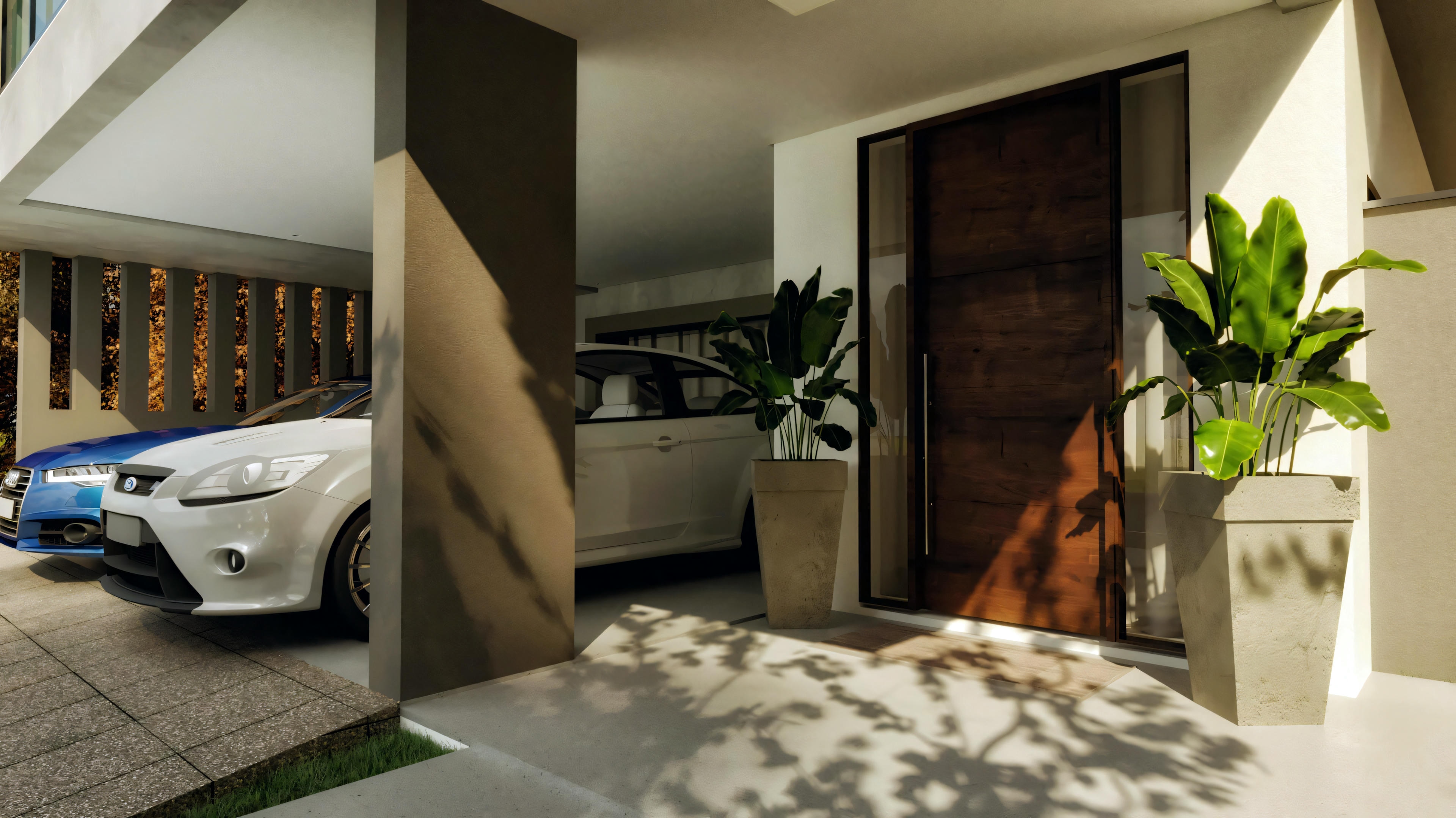 Entrada de una casa moderna con puertas de madera, plantas en macetas y coche estacionado en espacio cerrado.