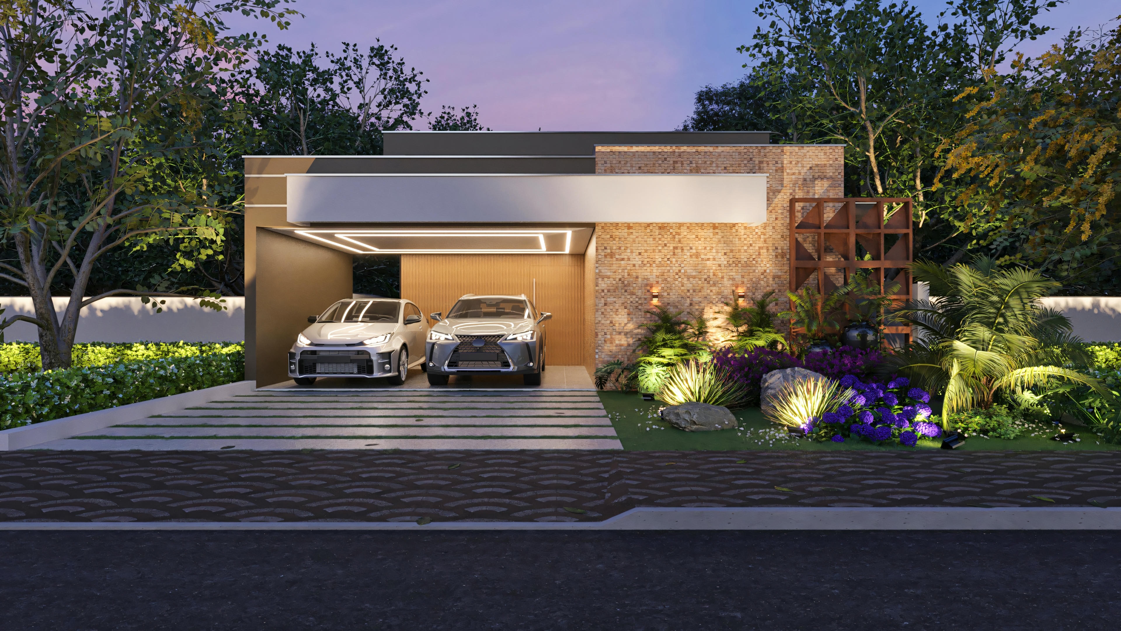Fachada de casa moderna con led.