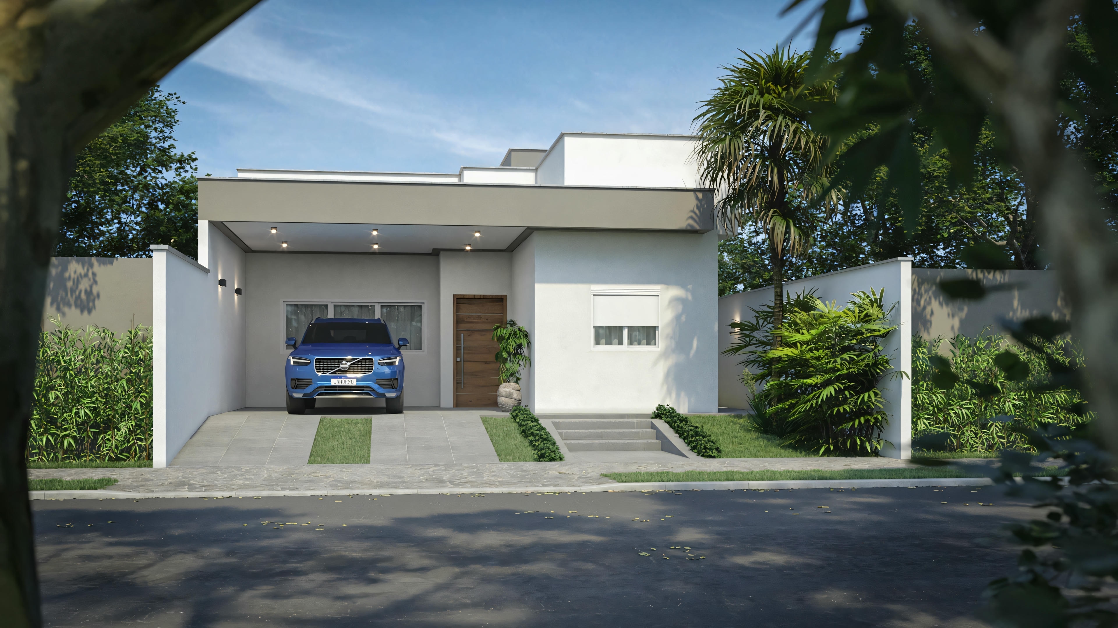 Vista frontal de uma casa moderna de um andar com a porta da garagem fechada.
