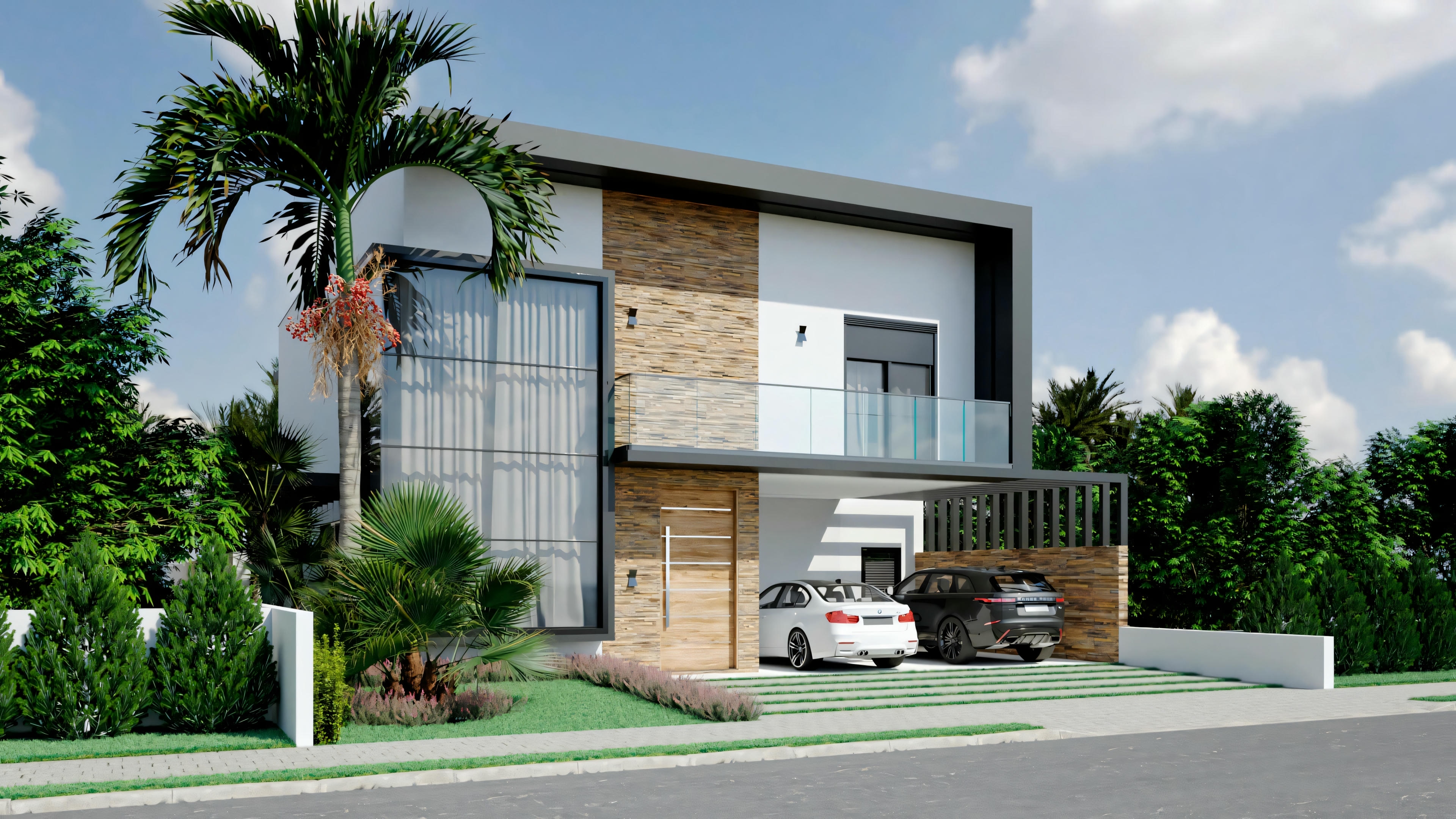 Vista exterior de una casa moderna con grandes ventanales, techo plano y garaje adyacente.