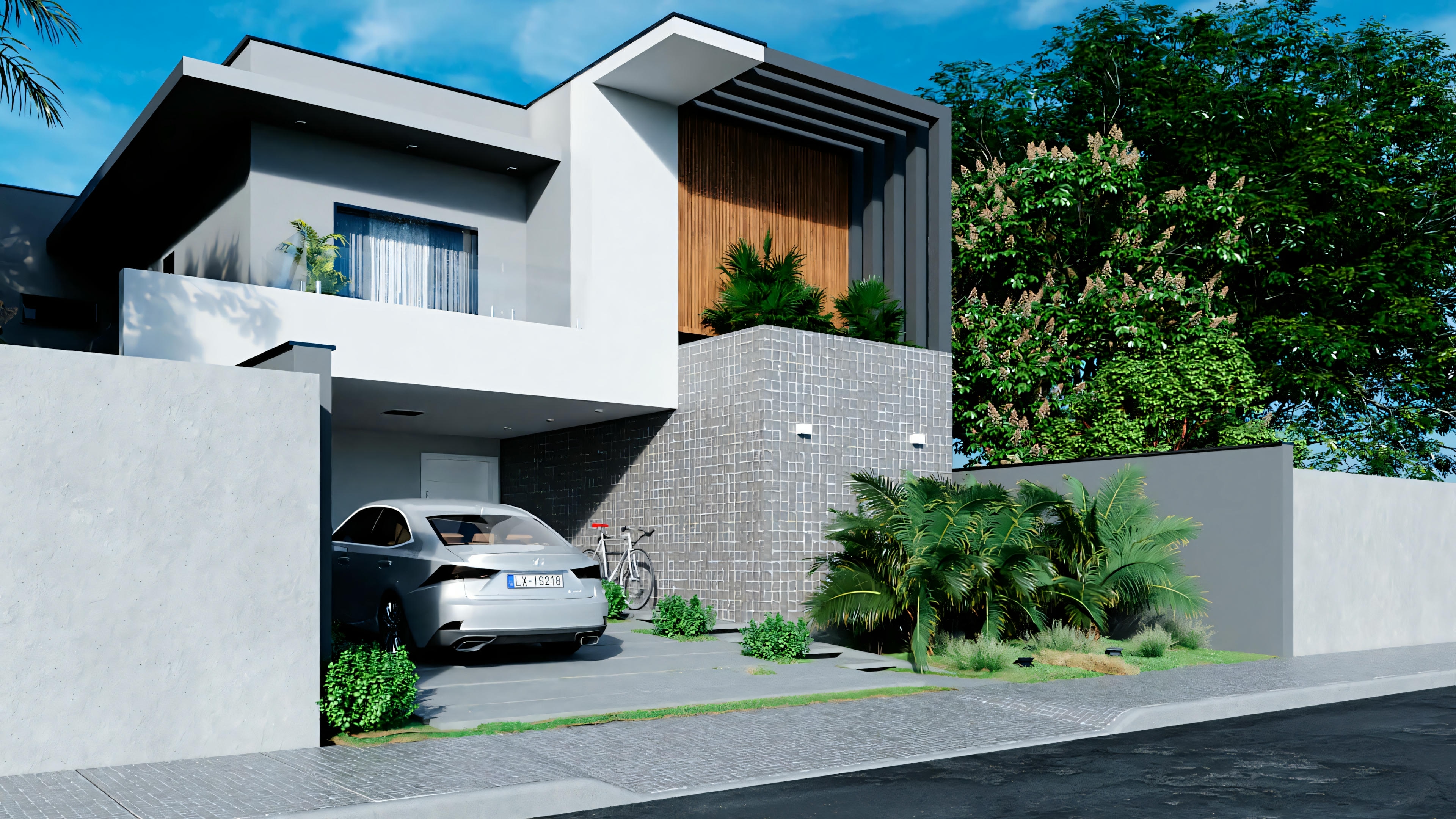 Fachada de uma casa moderna com grandes janelas, telhado plano e um carro estacionado na entrada.