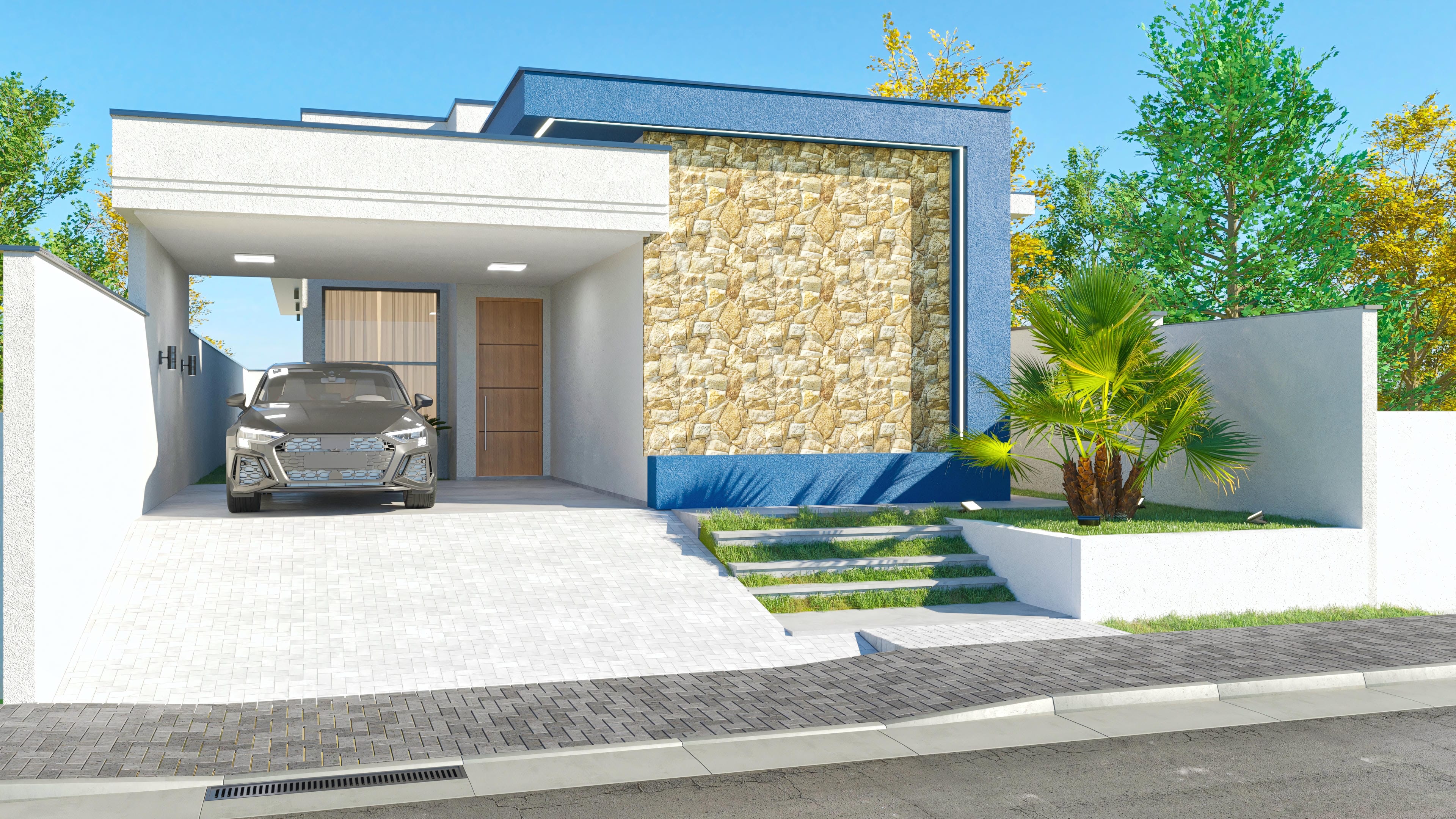 Fachada de casa térrea moderna com volumes bem definidos, combinando textura de pedra natural em tons de bege e uma pintura azul vibrante. A entrada destaca uma porta em madeira com design contemporâneo e iluminação externa discreta.