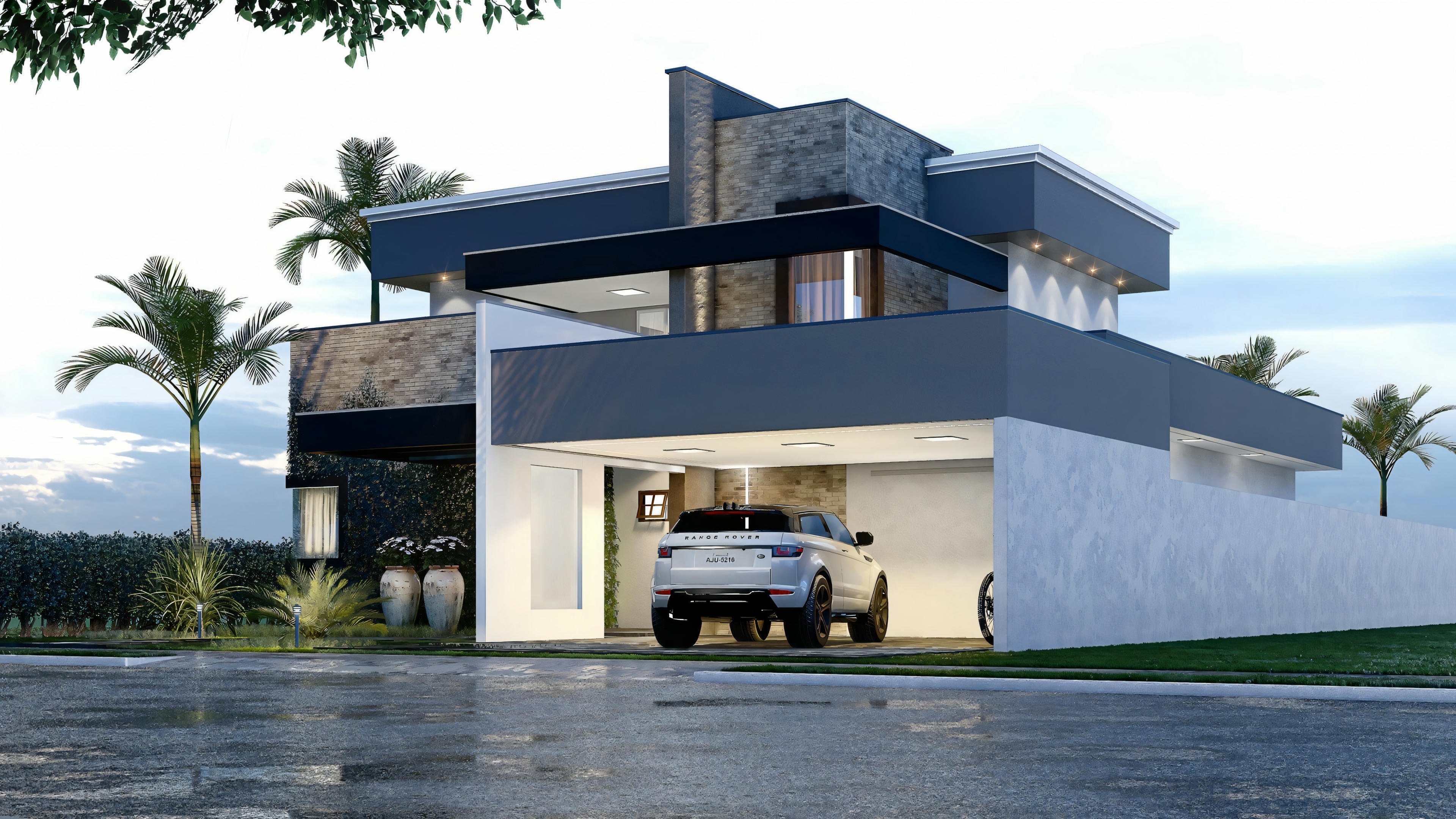 Fachada de uma casa moderna com grandes janelas e design minimalista.