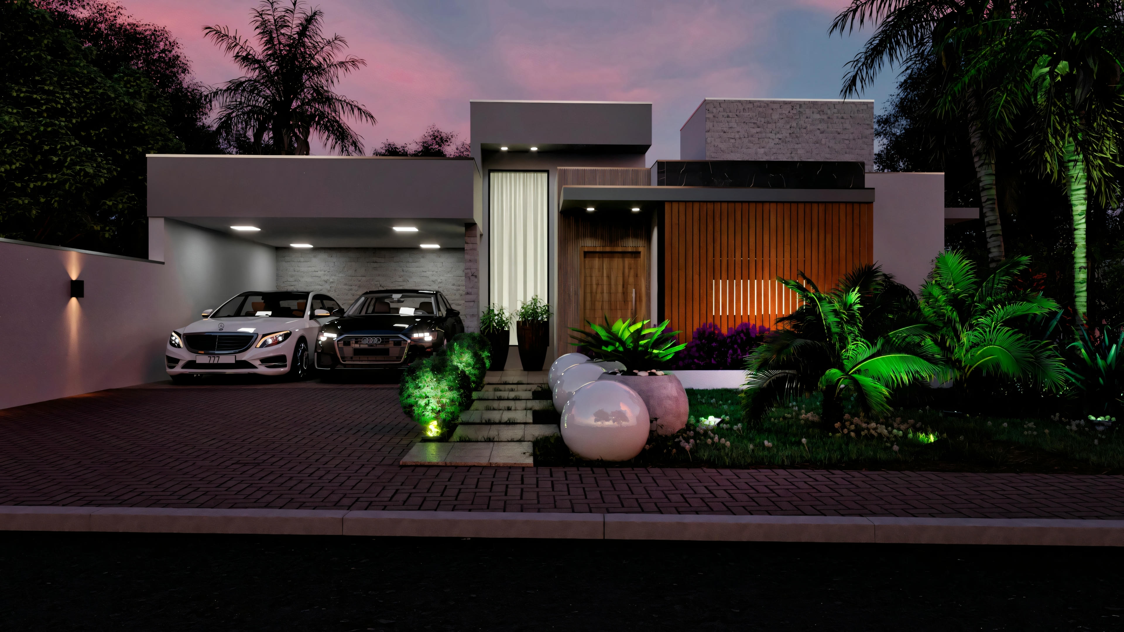 Fachada de una casa moderna con tejado plano, grandes ventanales y garaje iluminado con dos coches aparcados, vista de noche.