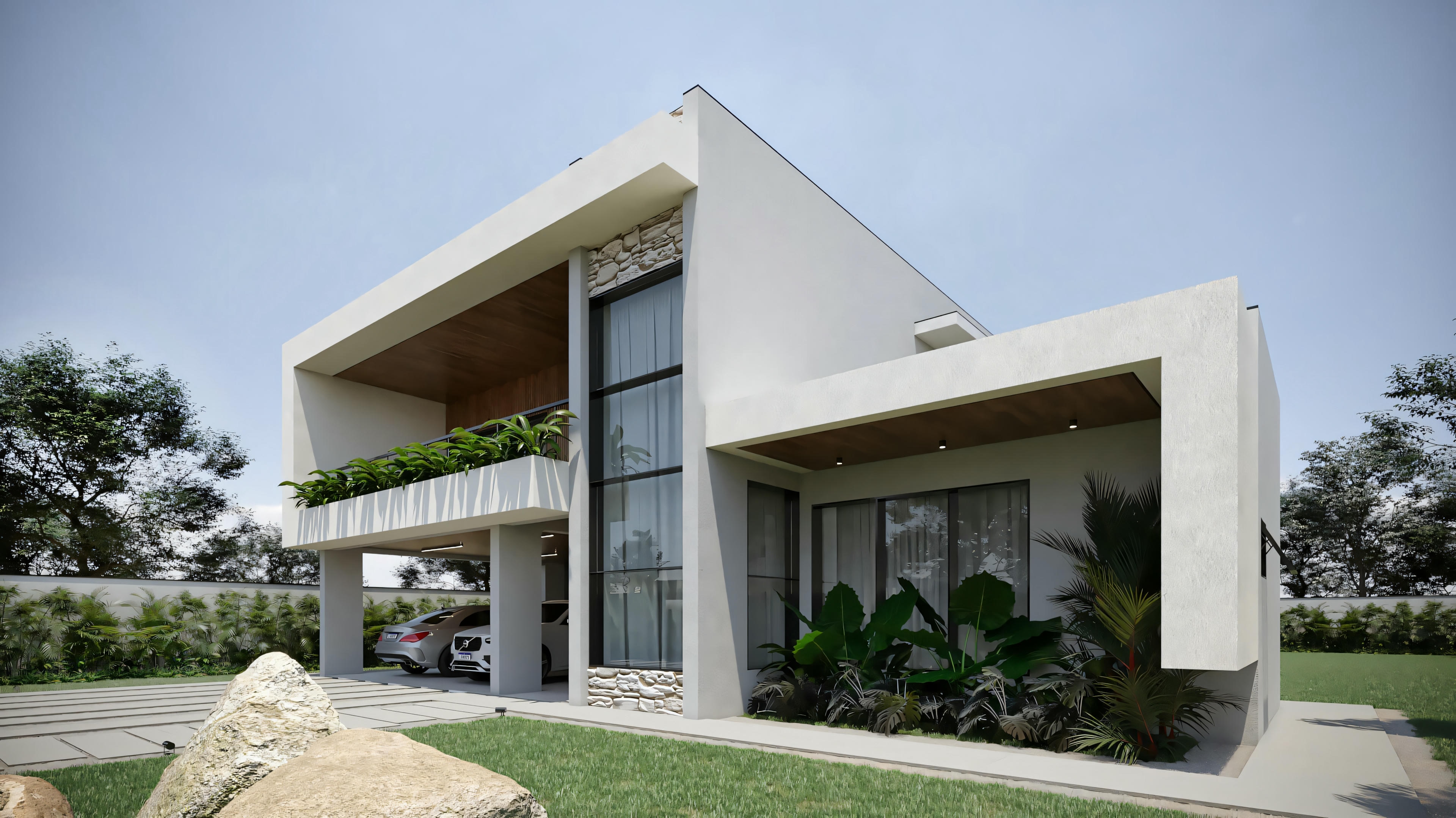 Ready-made house project of 368.67sqm with modern facade, 3 suites, and gourmet area. Daytime front view showing garage for 2 cars, upper balcony, and stone and wood finishes.
