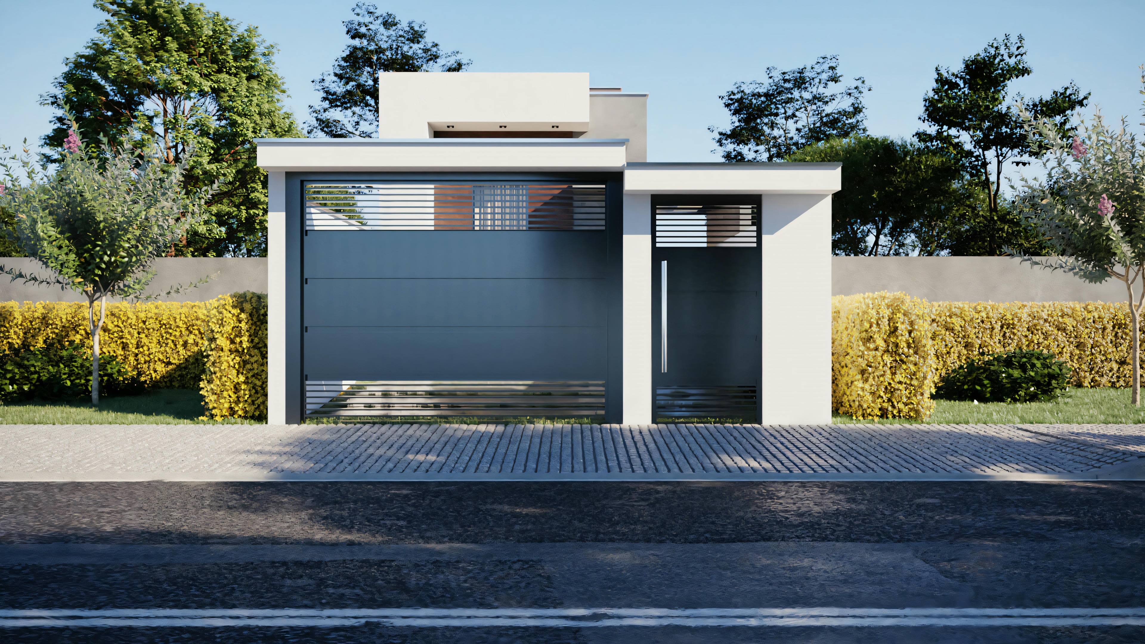 Uma garagem moderna para um carro, anexa a uma casa contemporânea.
