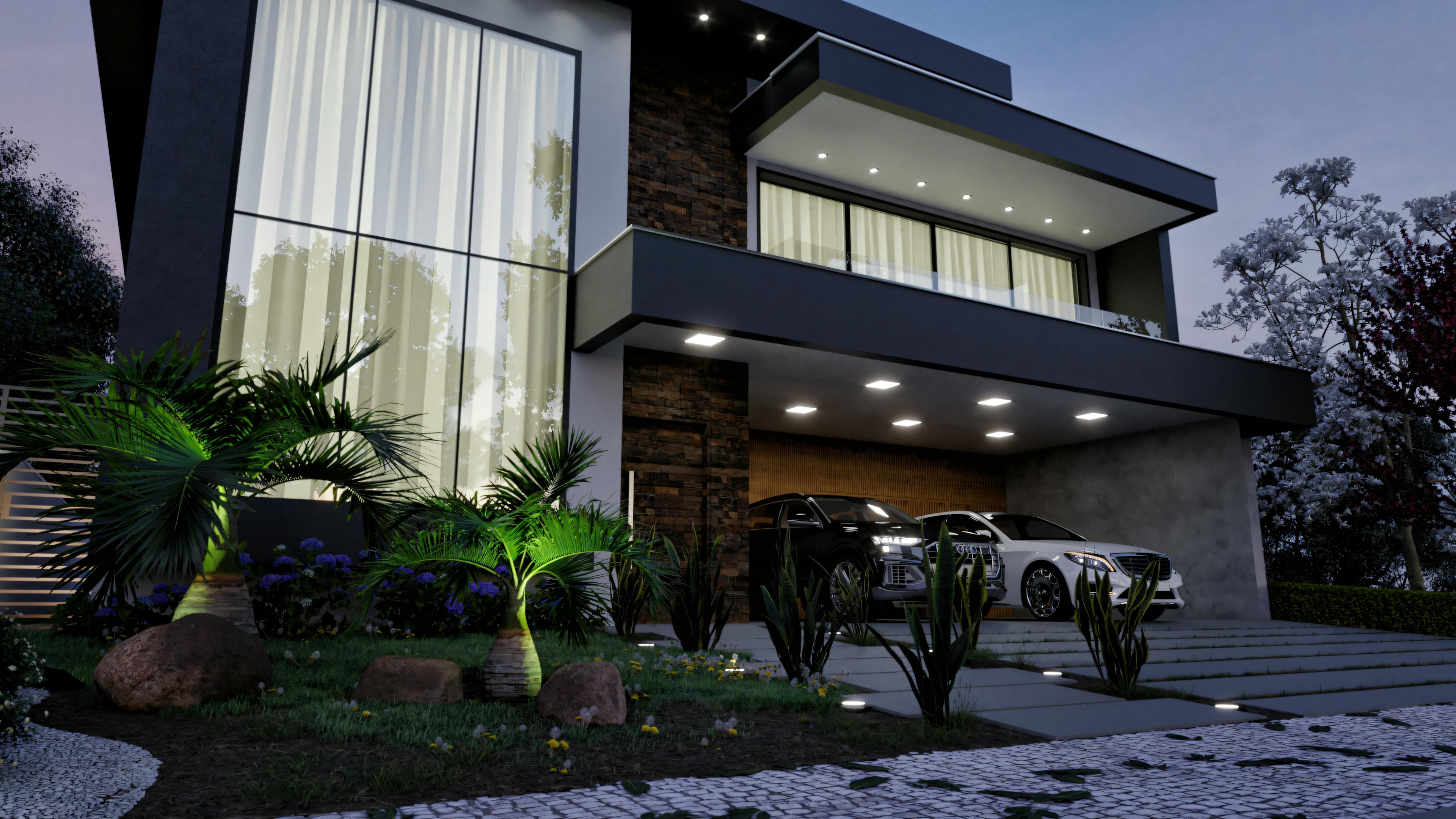 Night lighting of the facade and garden of a high-standard 5-suite house. View highlights modern architecture, stone cladding, illuminated windows, double garage, and landscaping with palm trees and decorative lights.