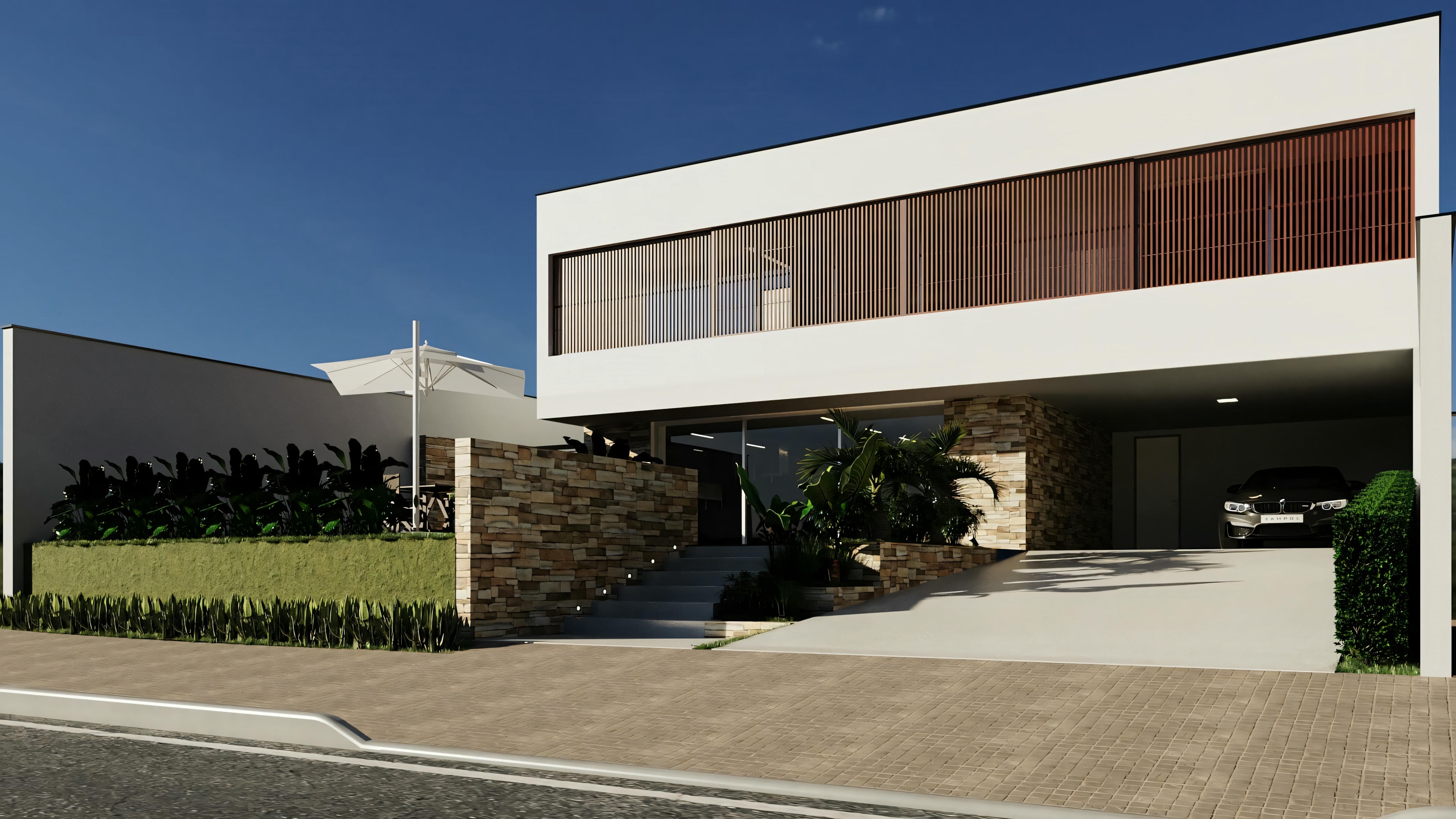 A house with an overhanging flat roof, large windows, and a raised balcony area.