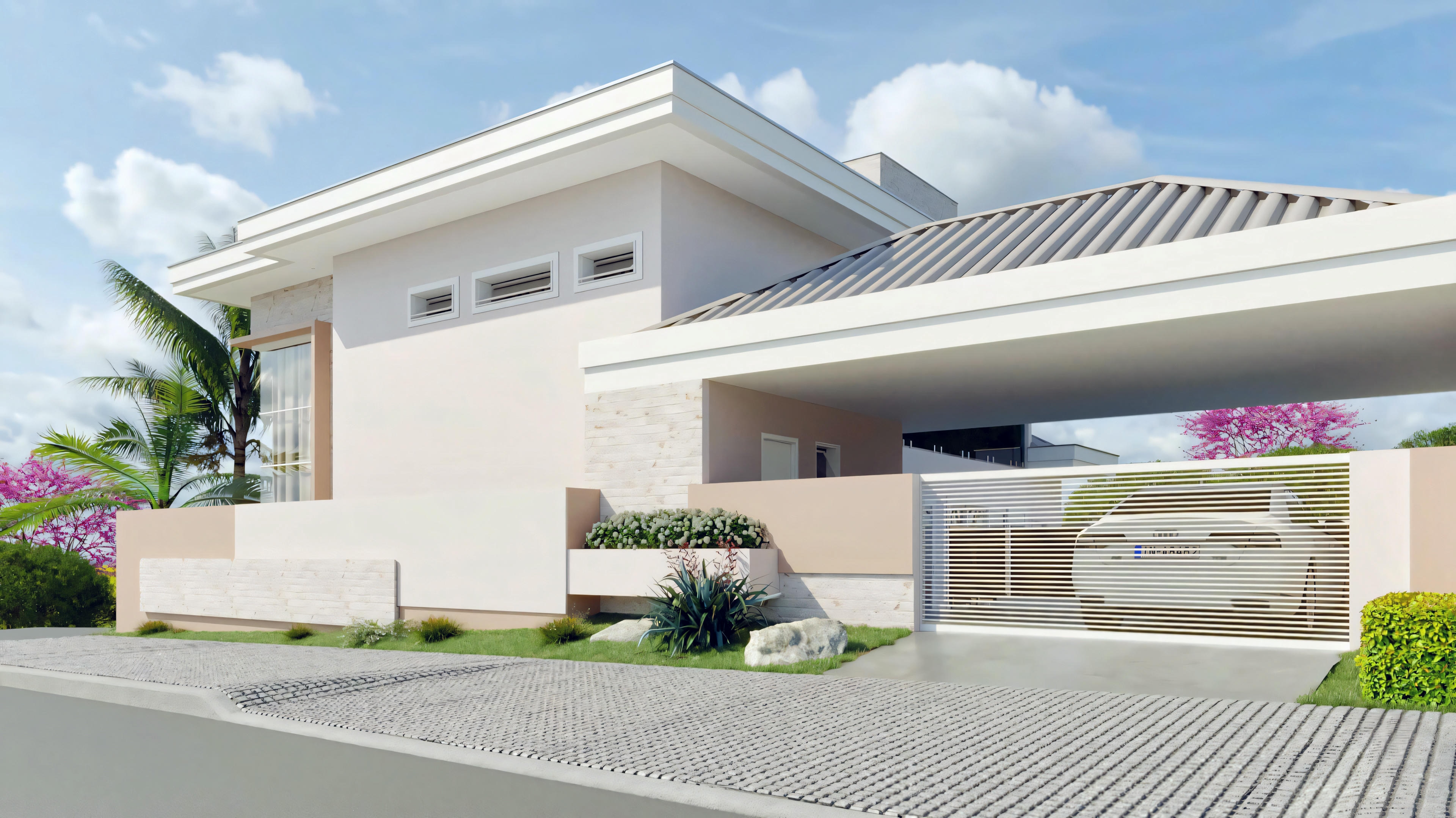 A house with an integrated carport and sloping roof.