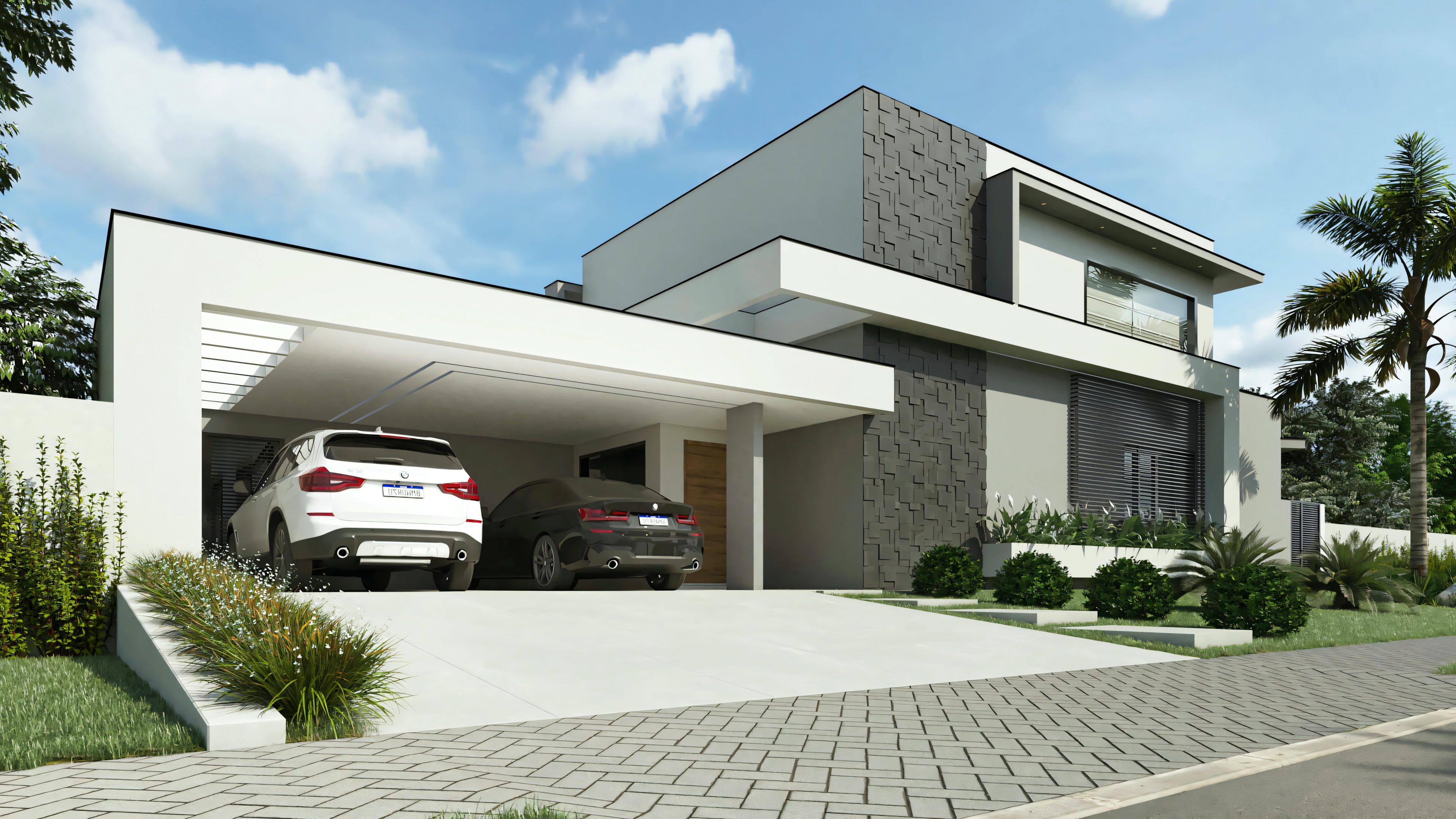 A house with an integrated carport and sloping roof.