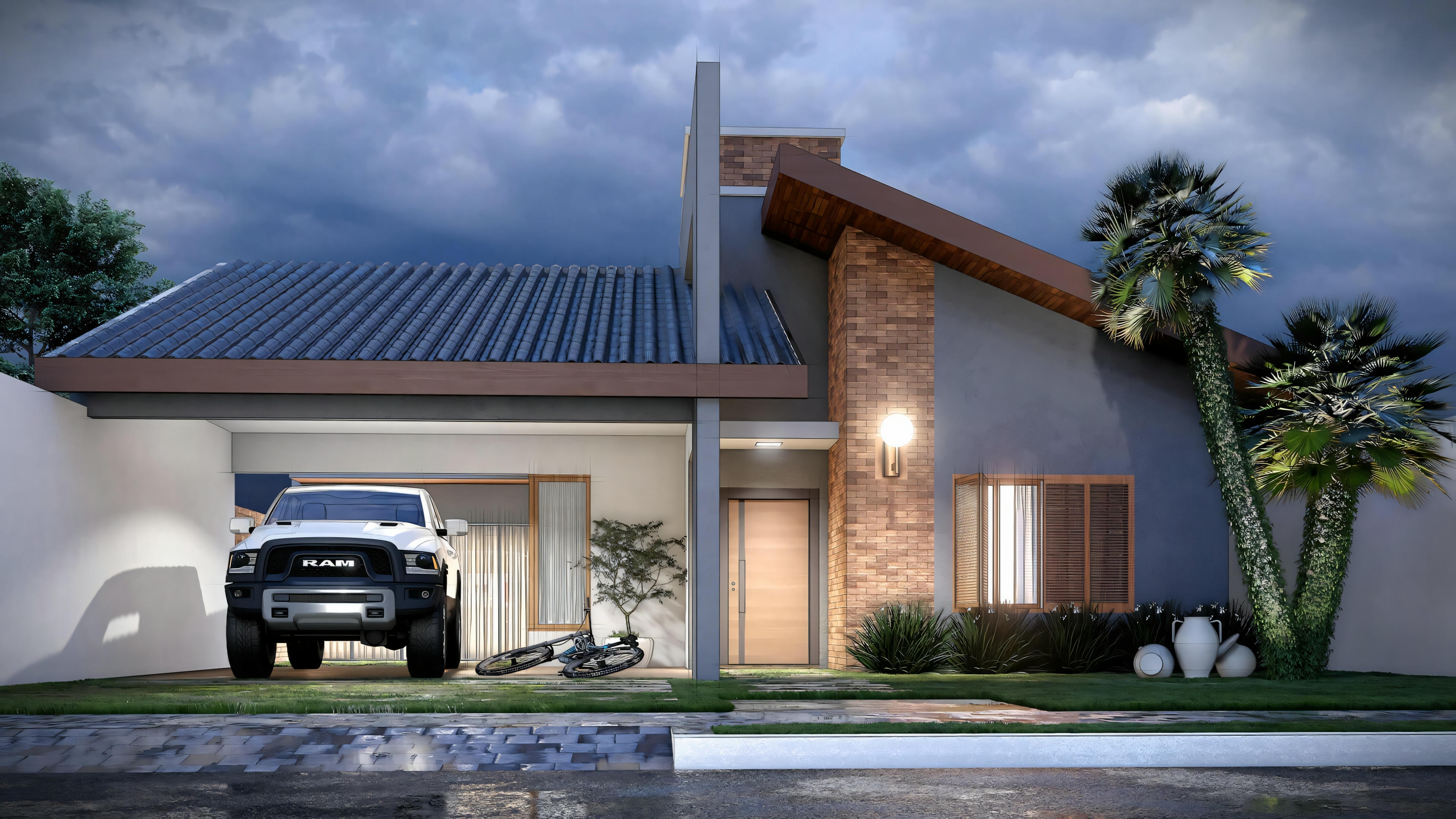 A house with a flat roof, large windows, and a car parked in the driveway at dusk.