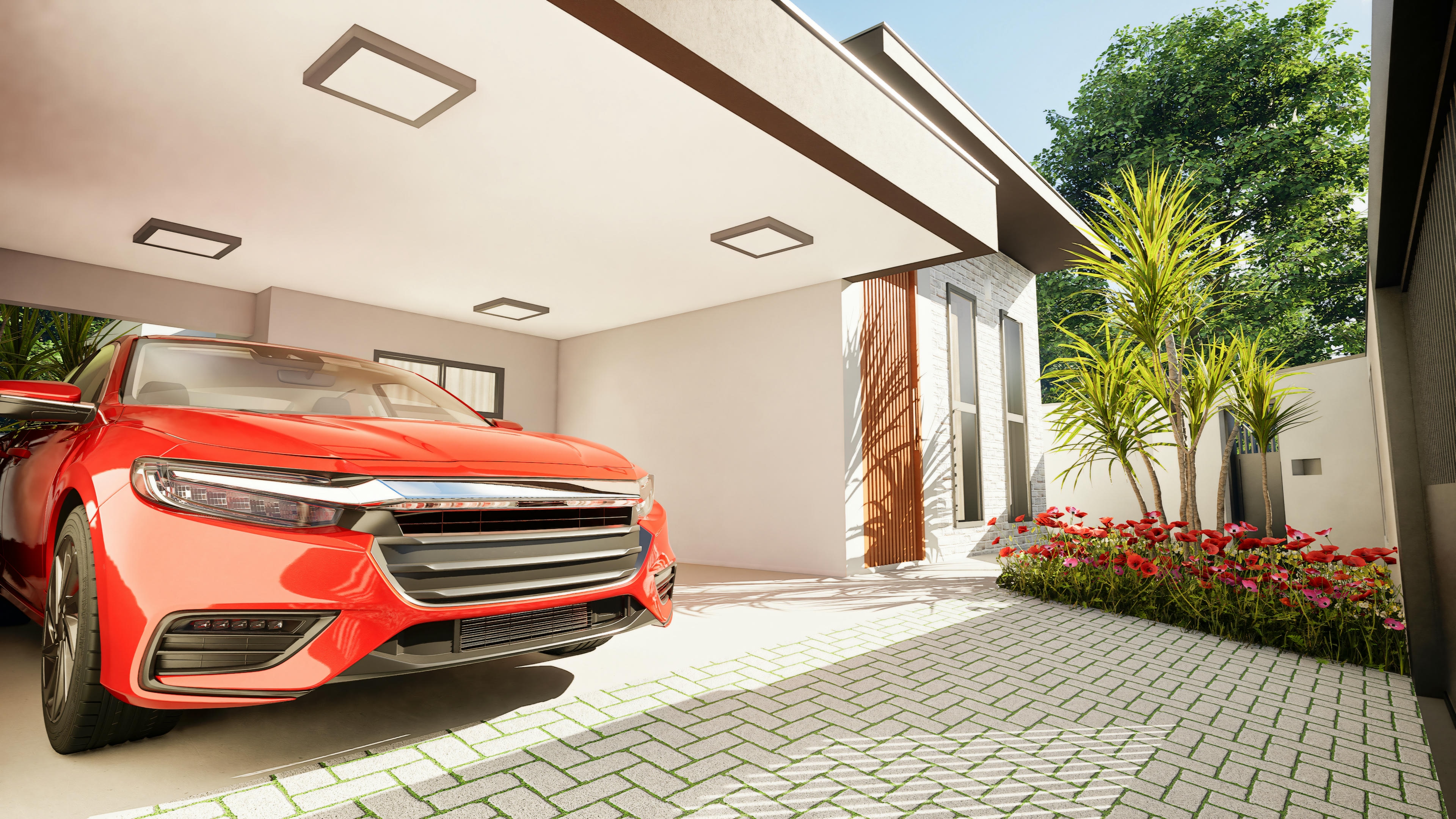 Side view of the integrated garage, showing the overhead door and part of the facade.