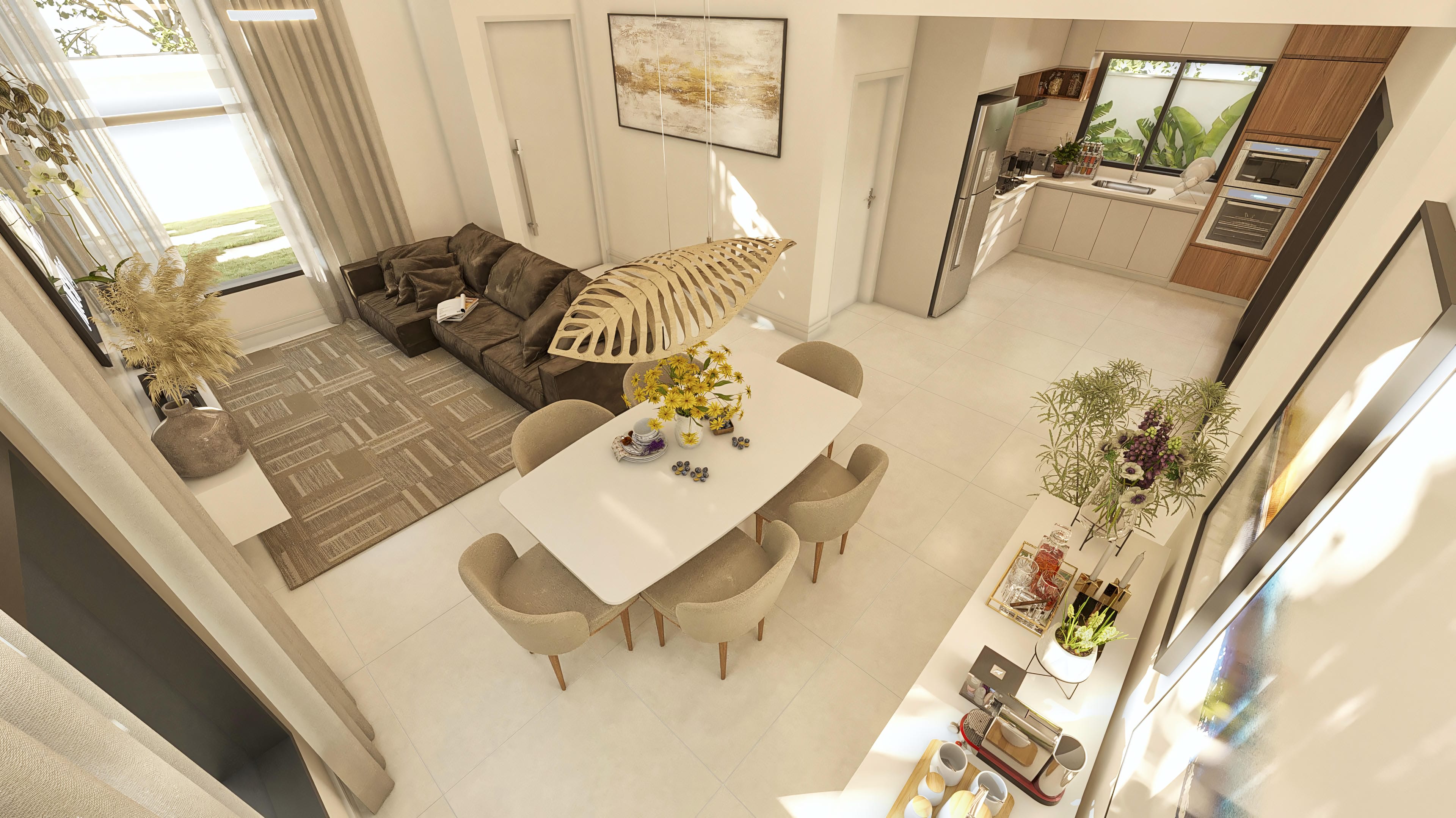 Internal environment of a modern single-story house, with integrated living room, dining room, and kitchen, highlighting the spaciousness and natural lighting.