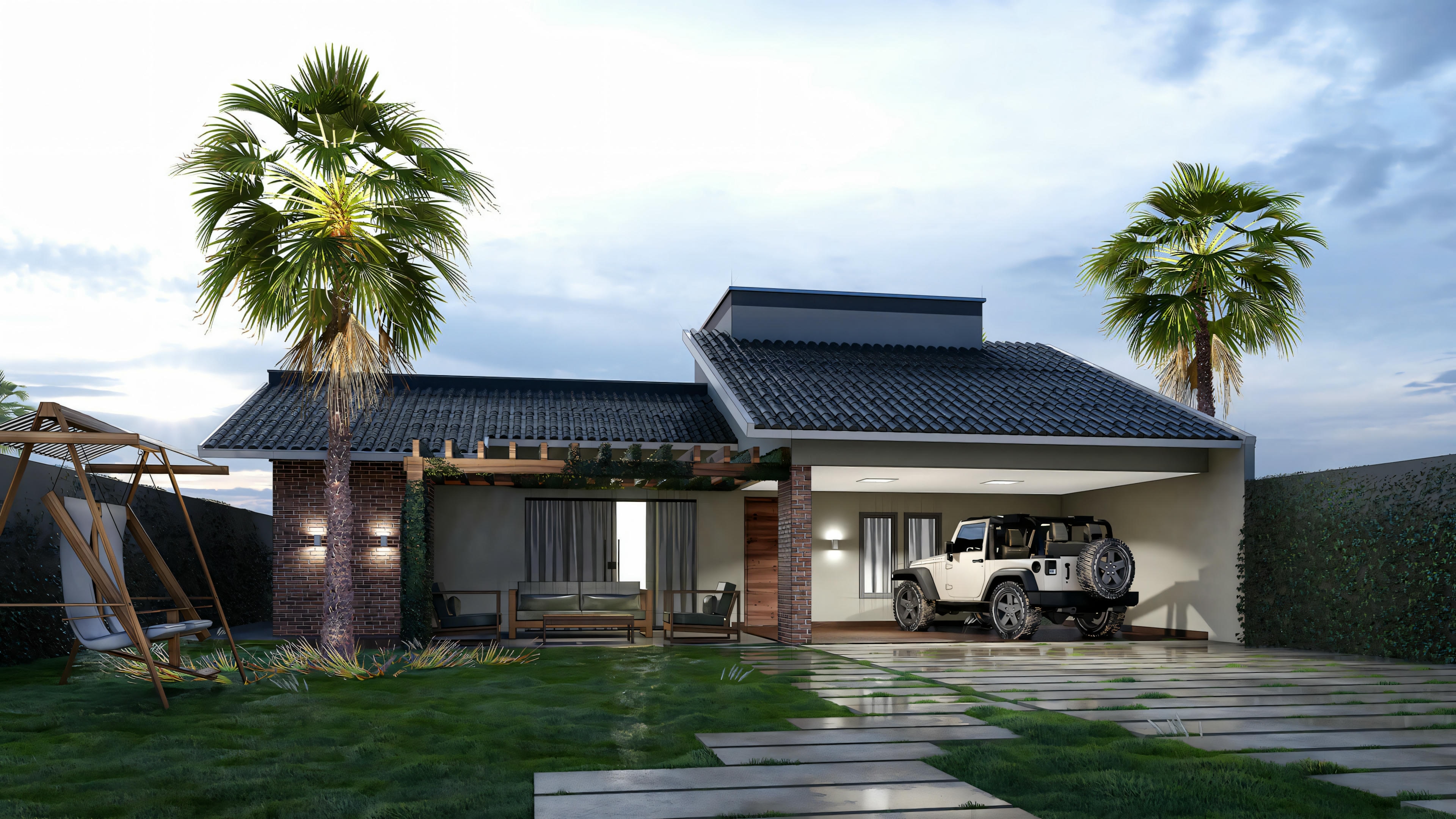 Exterior of a modern house with large windows, palm trees in the front yard, and a car parked under a carport.