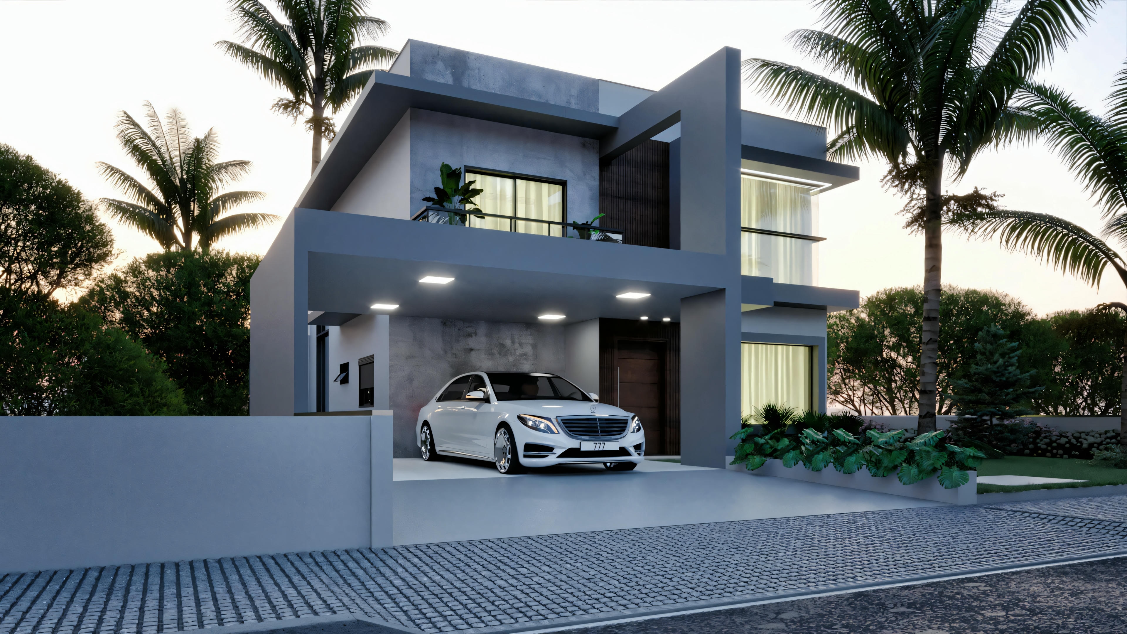View of a modern house with an entrance and a car parked in front.