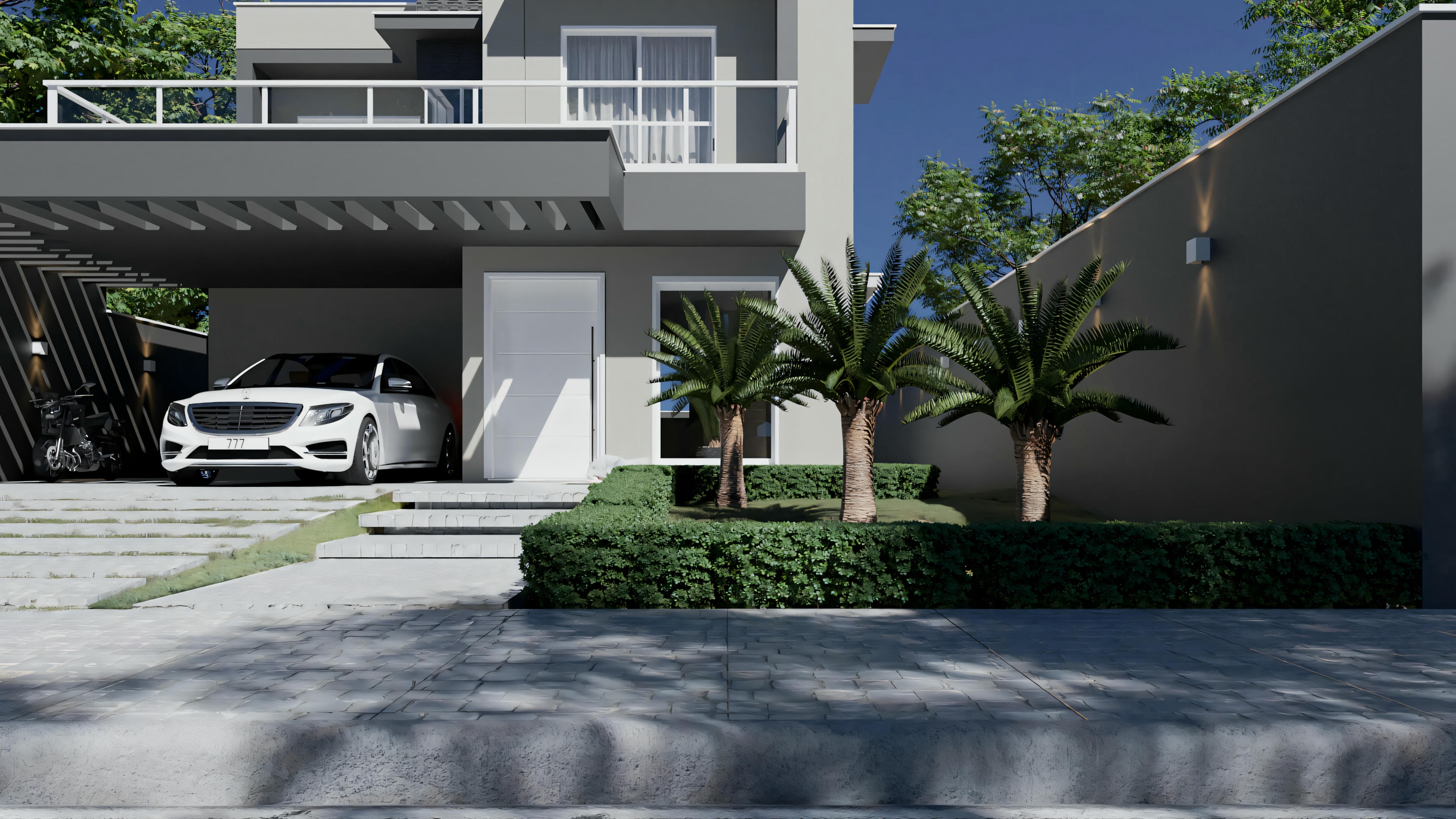 Front view of a modern house with a car parked in the driveway.