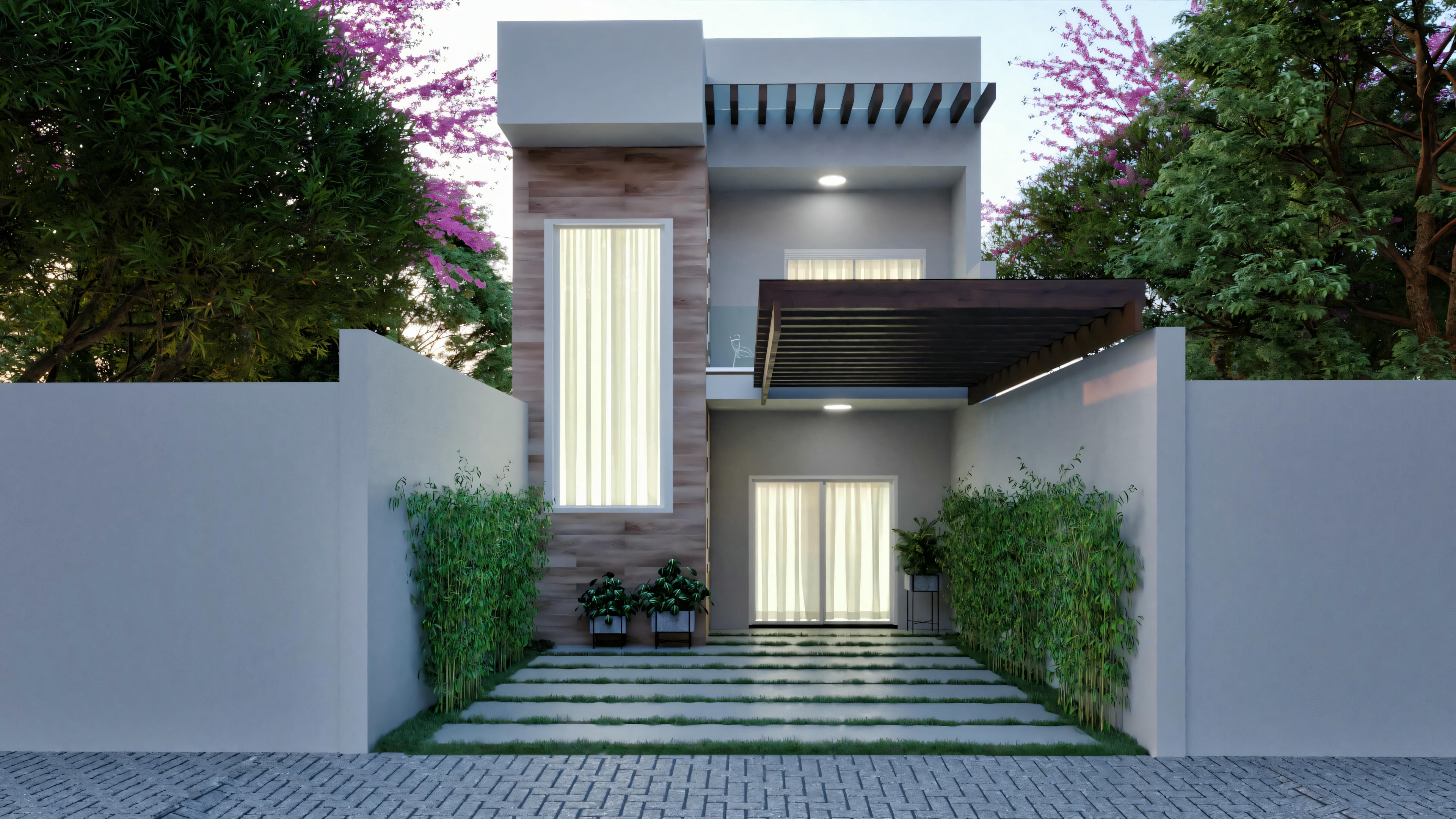 Exterior of a modern house with a flat roof, large windows and glass doors, and a path leading to the entrance, flanked by vegetation and purple flowers.