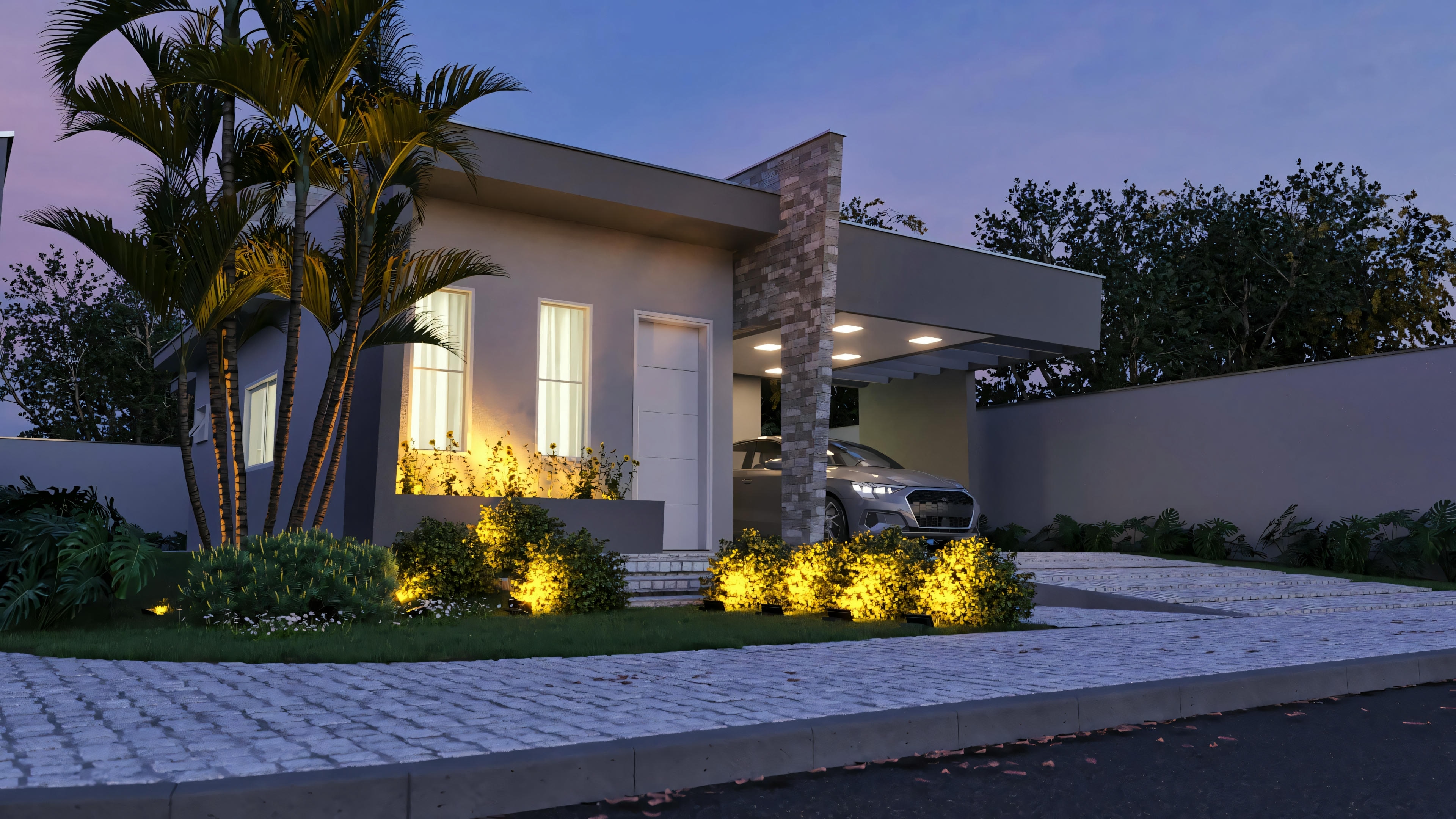 Exterior view of a modern house at dusk with illuminated landscaping, including lit shrubs and a well-lit pathway leading to the entrance.