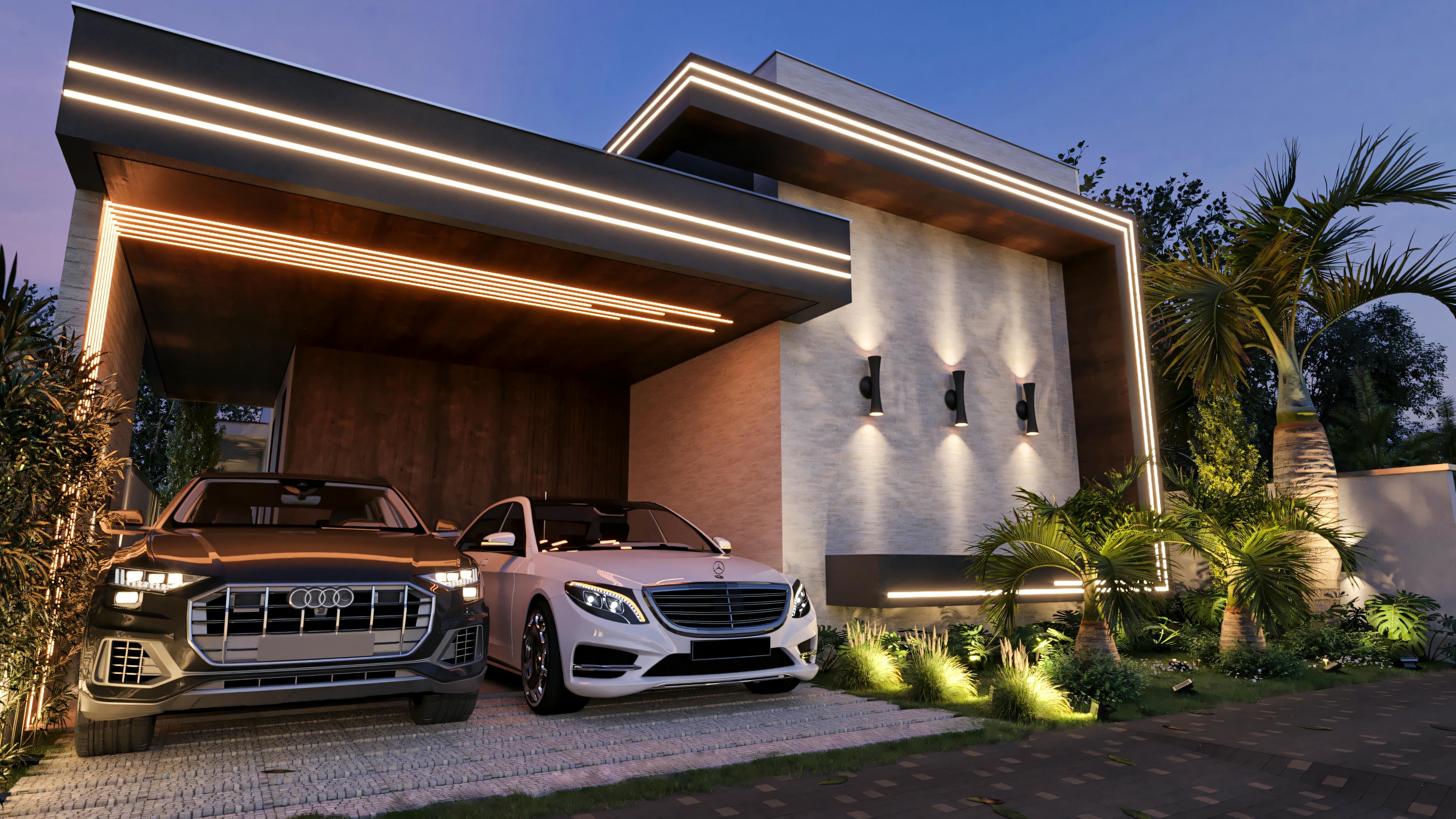 Night view of a modern house with 3 bedrooms, 2 of which are suites, and a covered 2-car garage. Facade with LED lighting, enhancing the 144.98m² project on a 12x20 plot with a gourmet area.