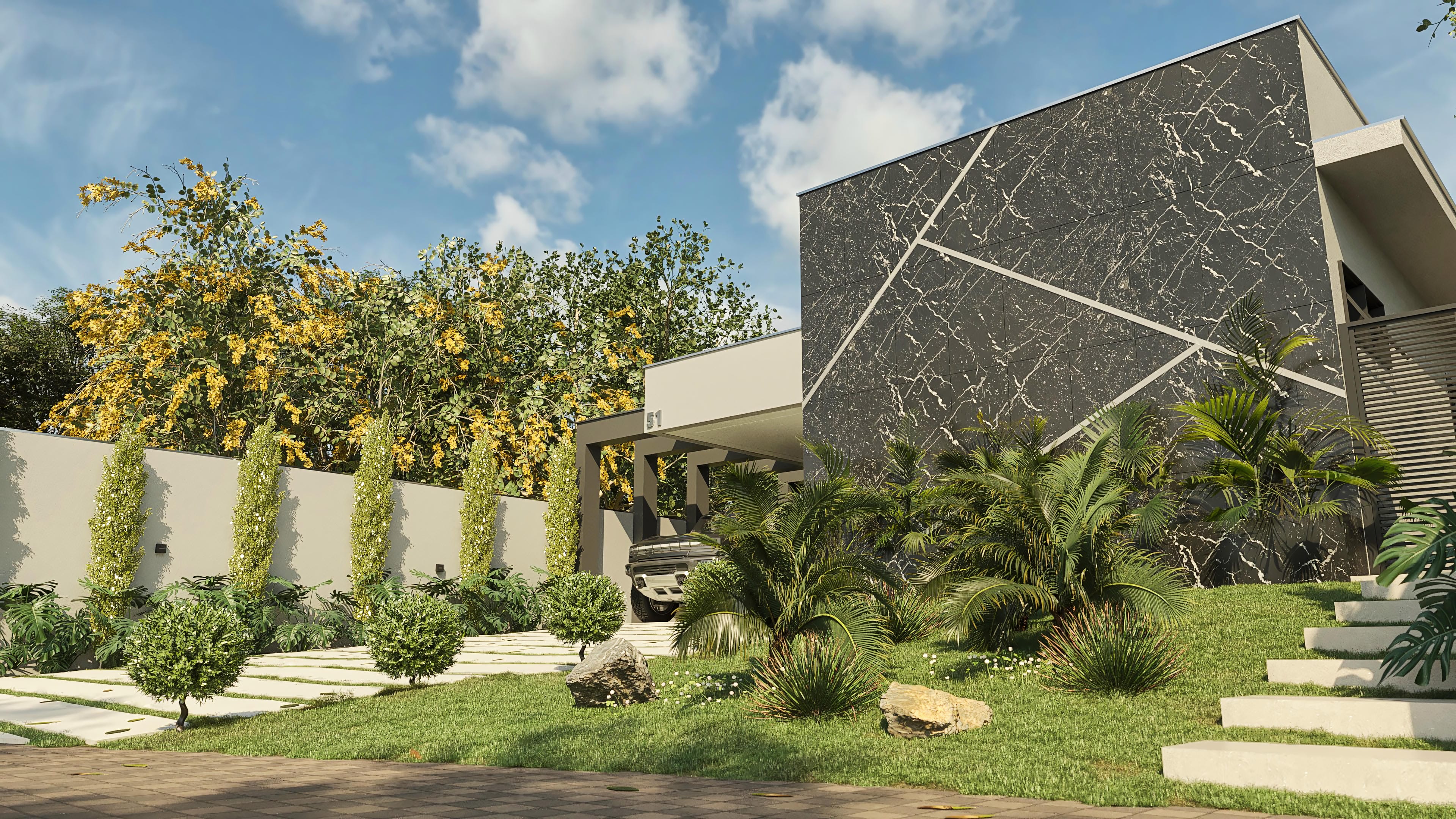 Modern facade of a single-story house with dark marble cladding and white geometric details, covered garage, lush landscaping, and concrete block path.