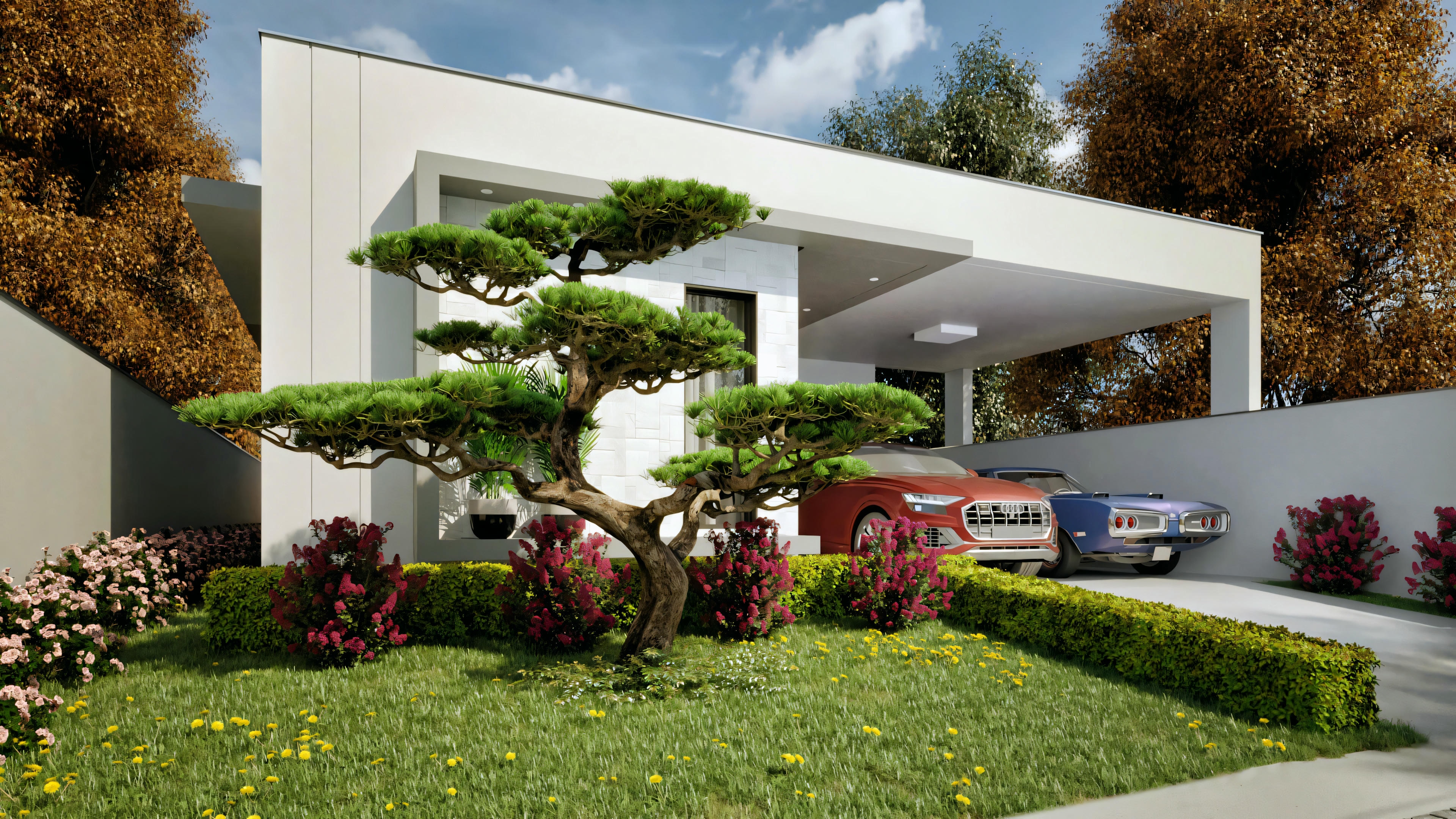 A modern house with large windows, white walls, and green landscaping around it.