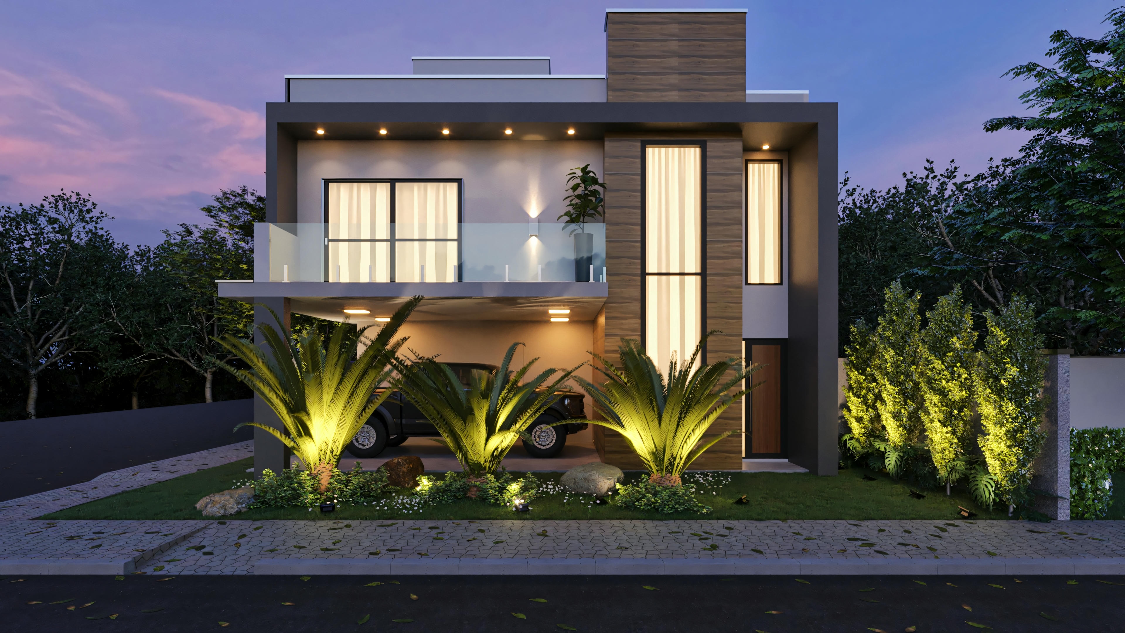 Illuminated facade of a modern two-story house with balcony and glass gable. Night view showing a lighting project that enhances the architecture. House model with 4 bedrooms (3 suites), 210.57sqm, garage.