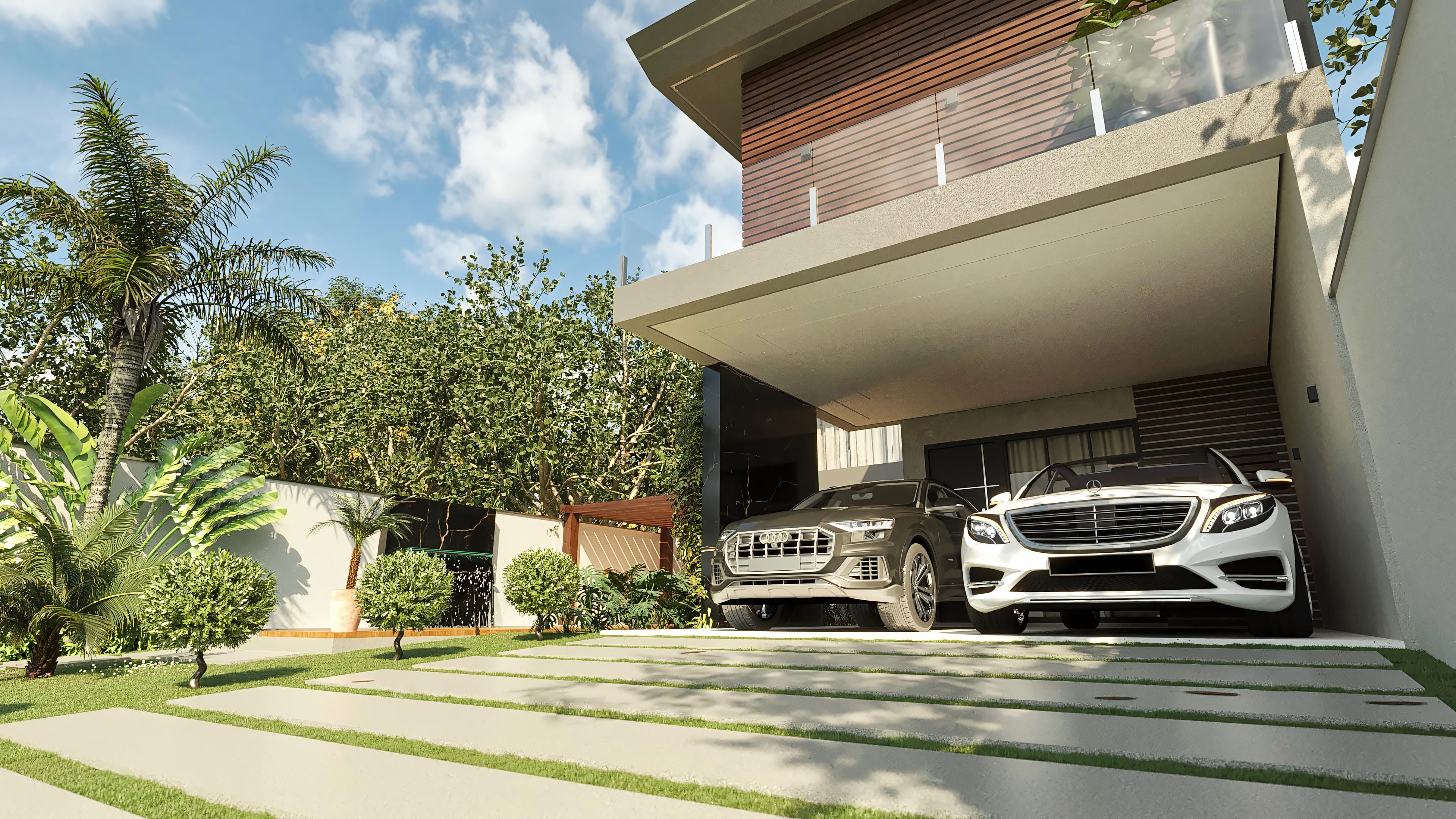 Modern facade of a two-story house with 4 suites, gourmet area, and pool. Neutral tones, wood, and glass integrate the design.