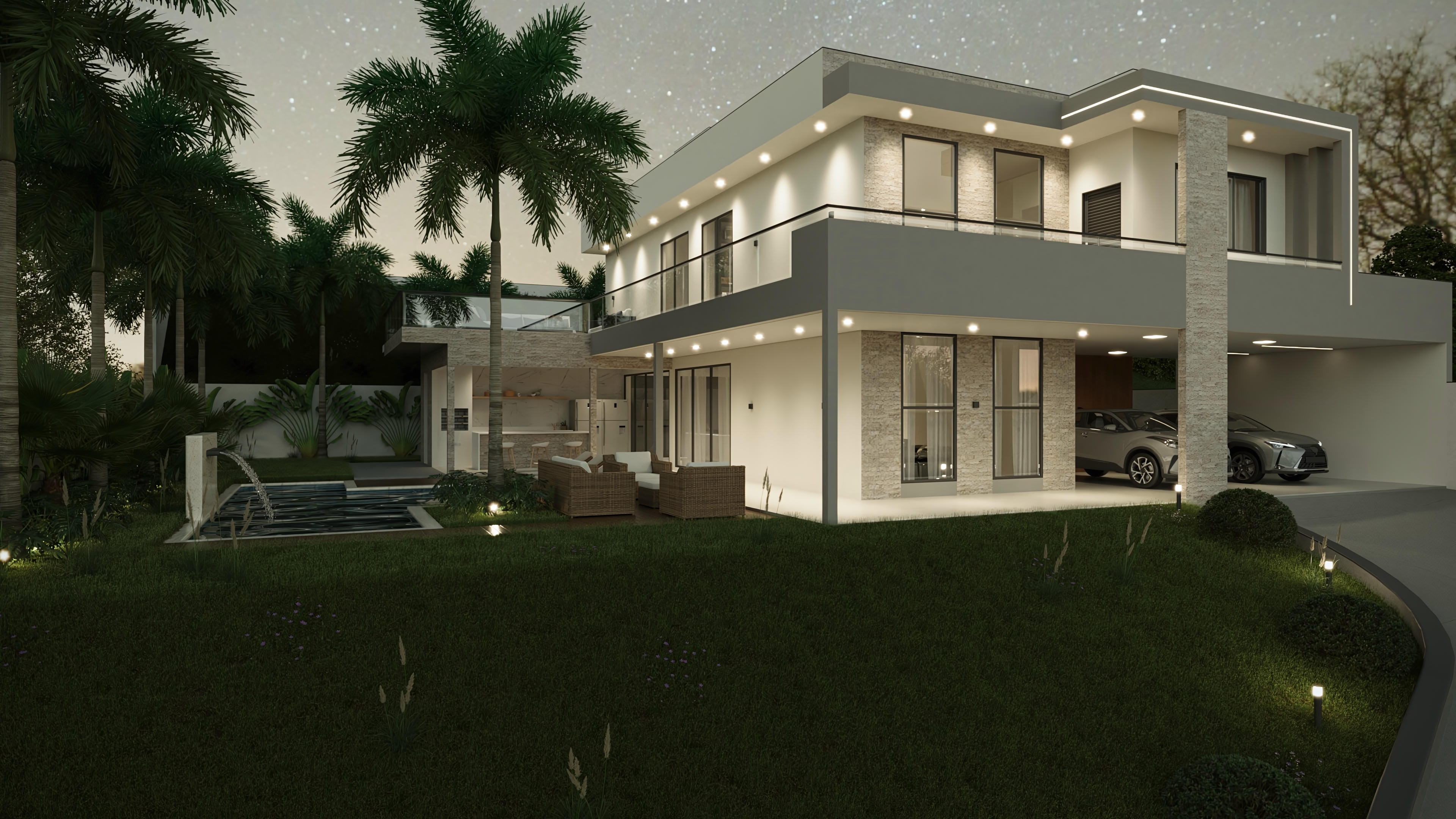 Modern facade of a two-story house with 4 suites, gourmet area, swimming pool, and lush landscaping, ideal for complete leisure on a 25x40 lot.