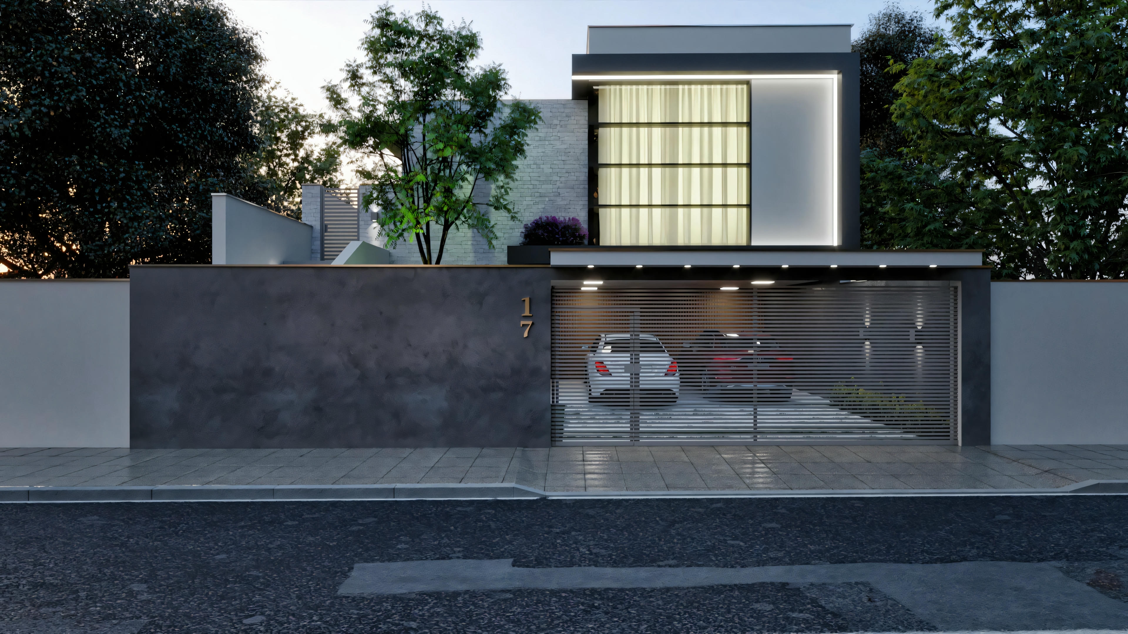 Facade of a modern two-story house with a balcony and garage.