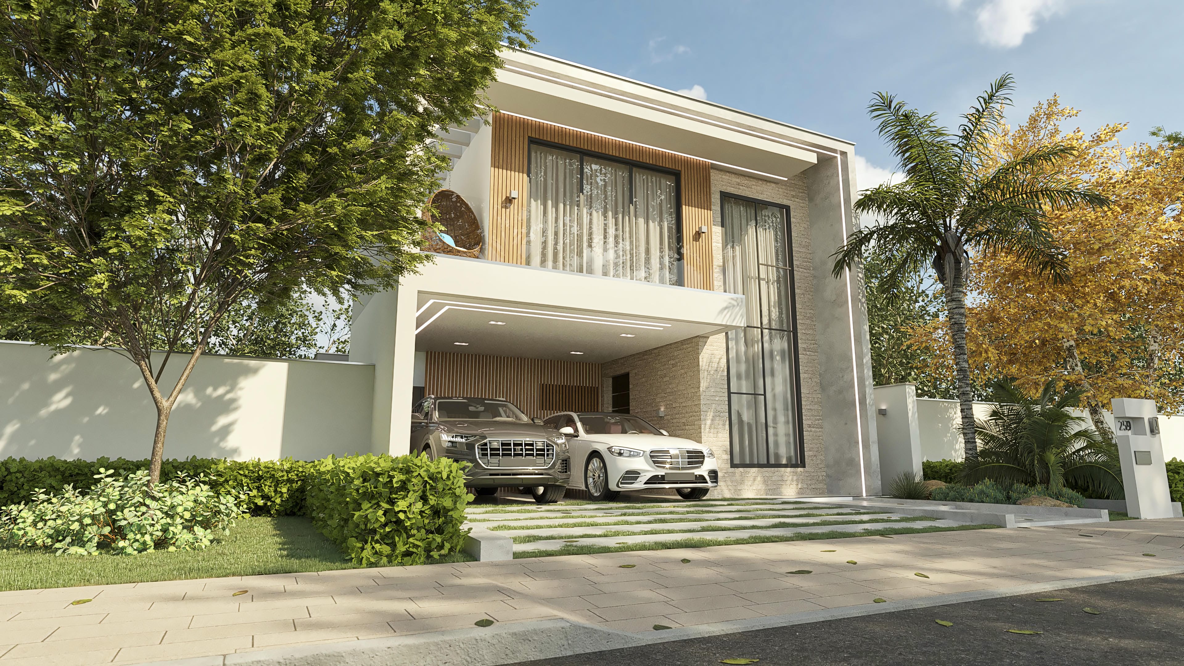 Modern facade of a two-story house with 3 bedrooms, a suite, and a leisure area. Highlighting the combination of wood, stone, and exposed concrete textures, with large windows and LED lighting.